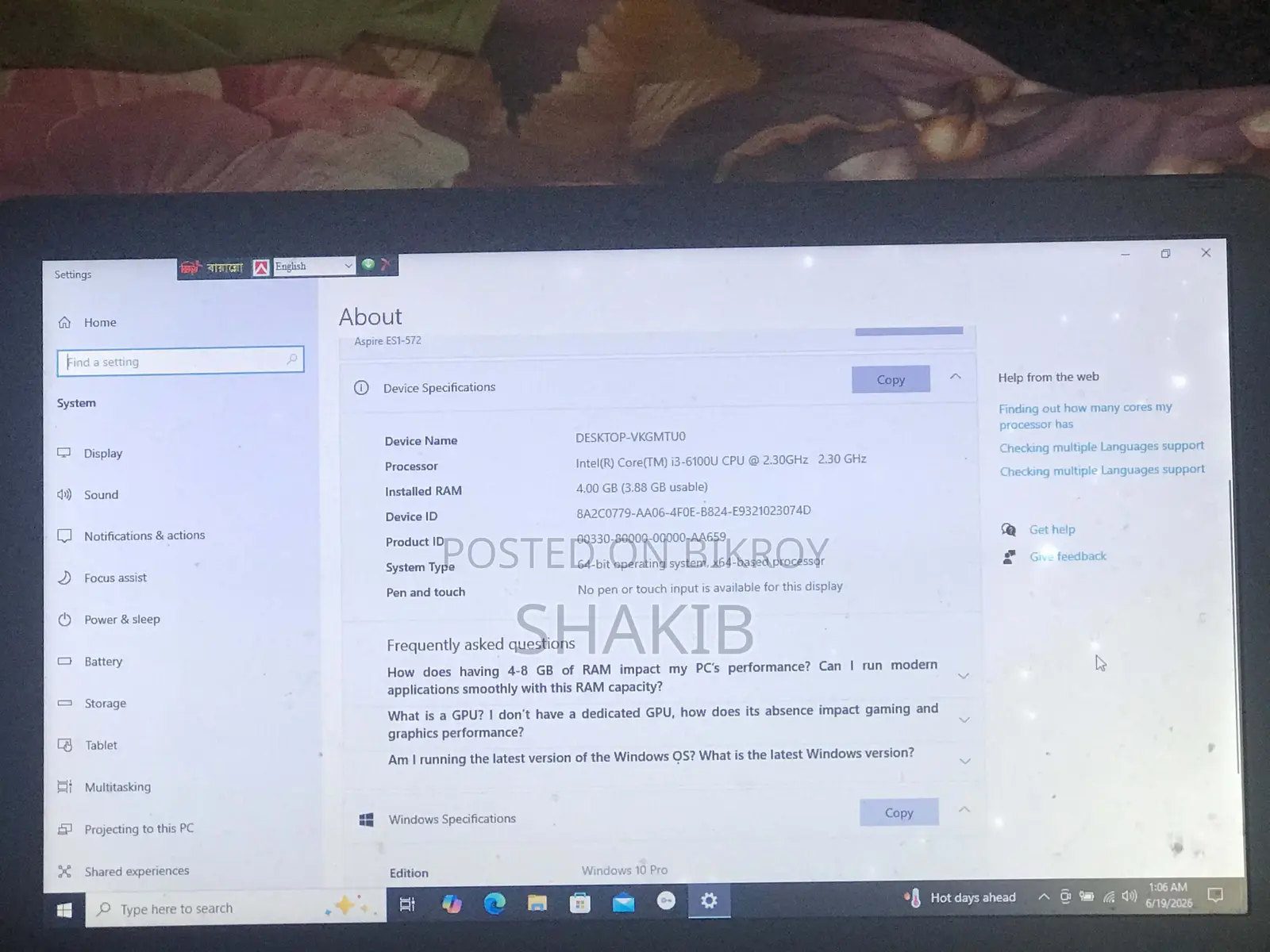 Laptop Acer Aspire ES1-572 4GB Intel Core I3 HDD 1T