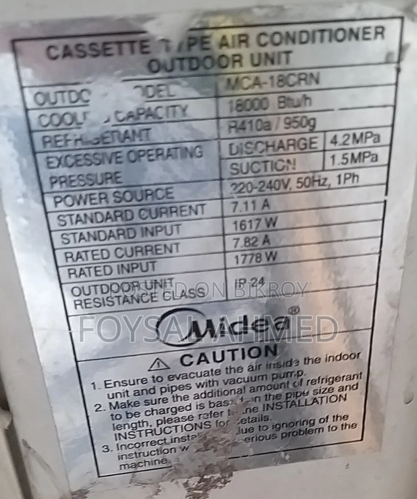 Used Midea 1.5 Ton Ceiling Cassette AC (Office Used)