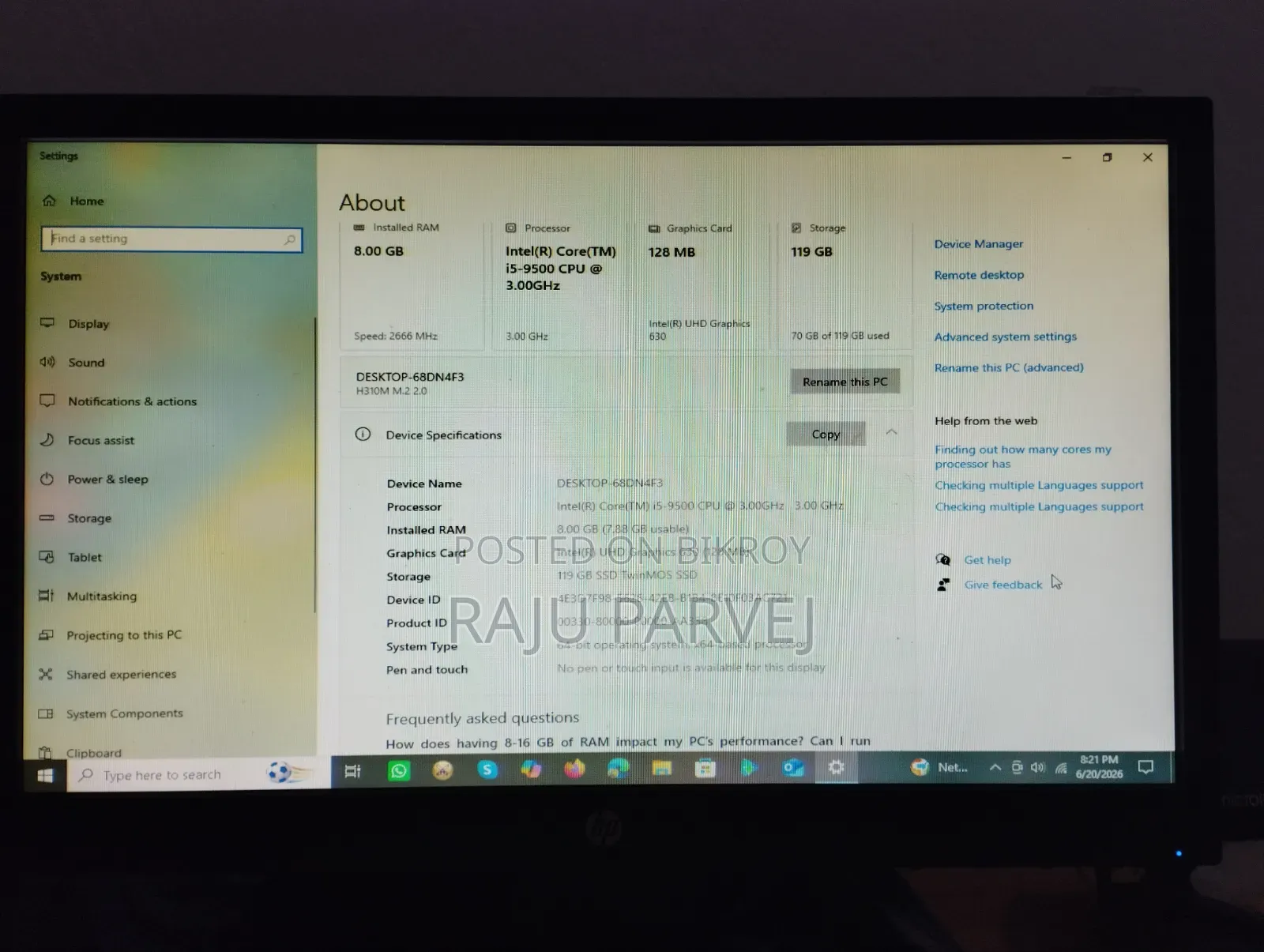 Desktop Computer Gigabyte GB-BACE-3010 8GB Intel Core I5 SSHD+SSD 500GB