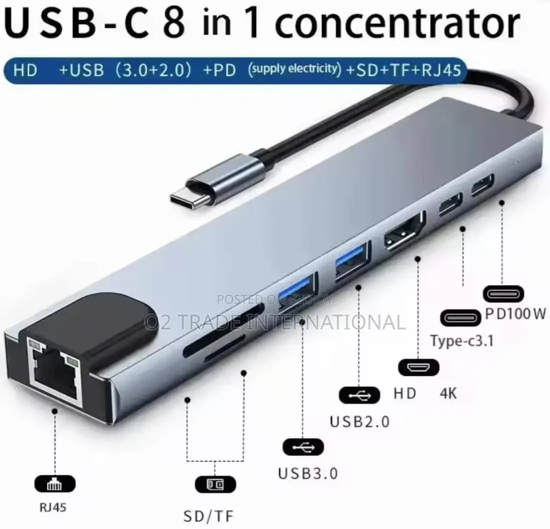 USB-C Hub 8-in-1 Docking Station HDMI, RJ45 Ethernet, USB 3.0, SD/TF