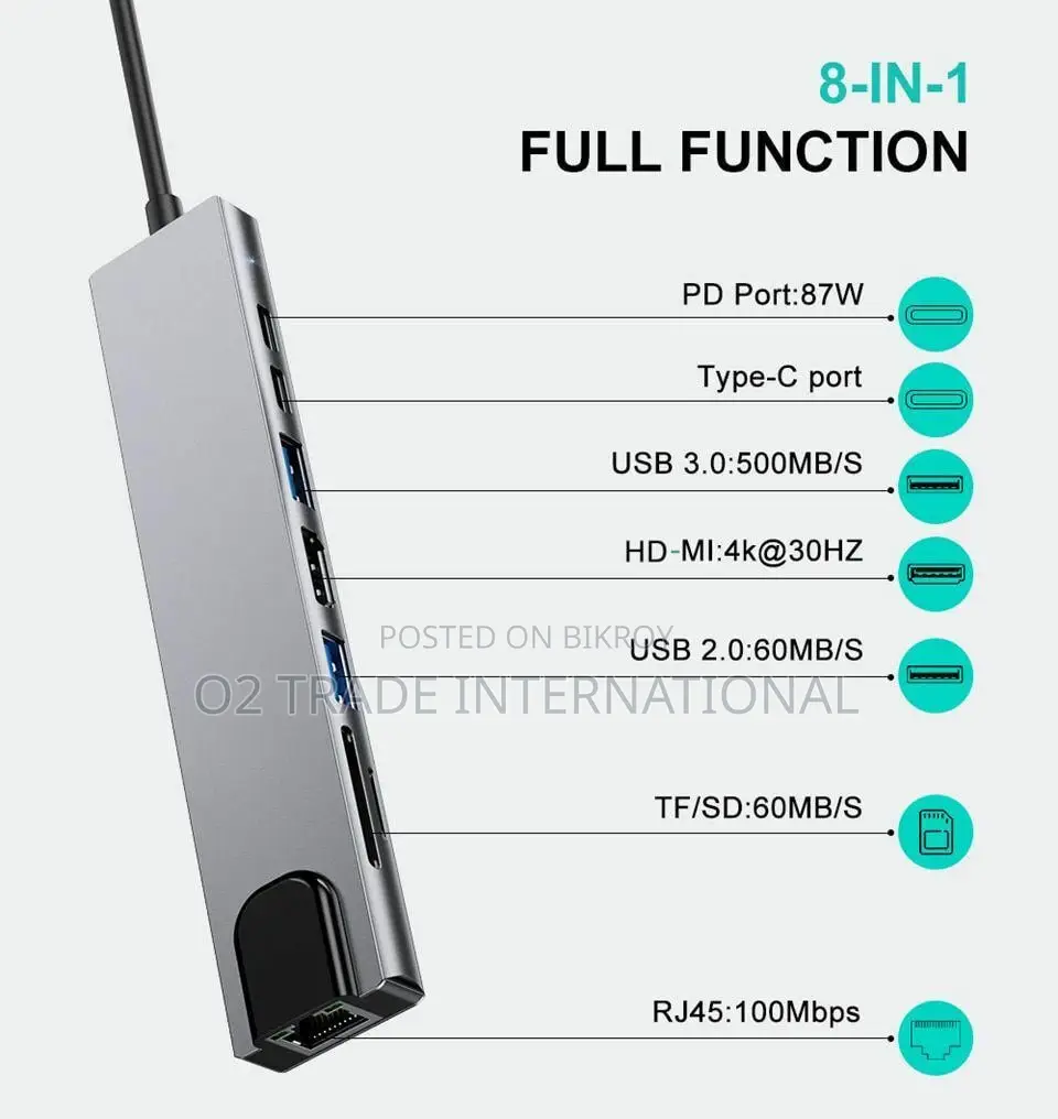 USB-C Hub 8-in-1 Docking Station HDMI, RJ45 Ethernet, USB 3.0, SD/TF