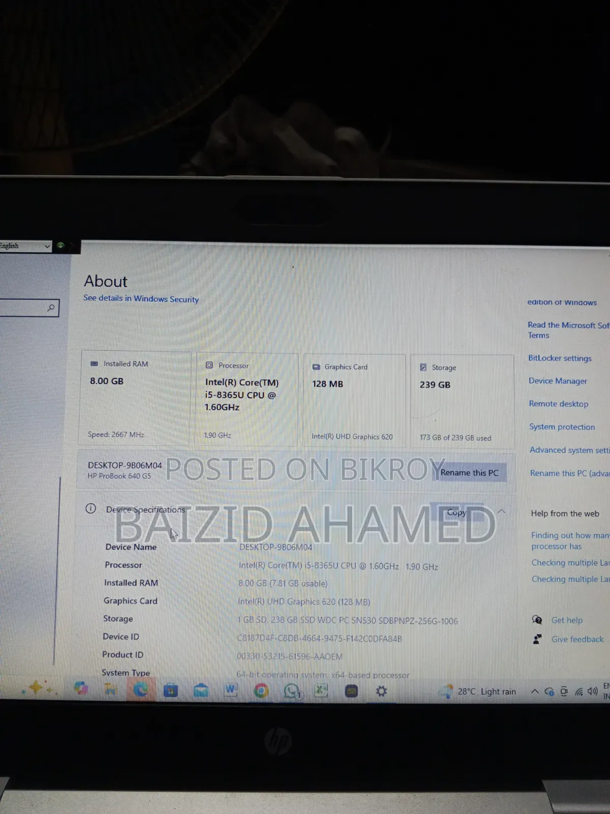 Laptop HP ProBook 640 G5 8GB Intel Core I5 SSD 256GB