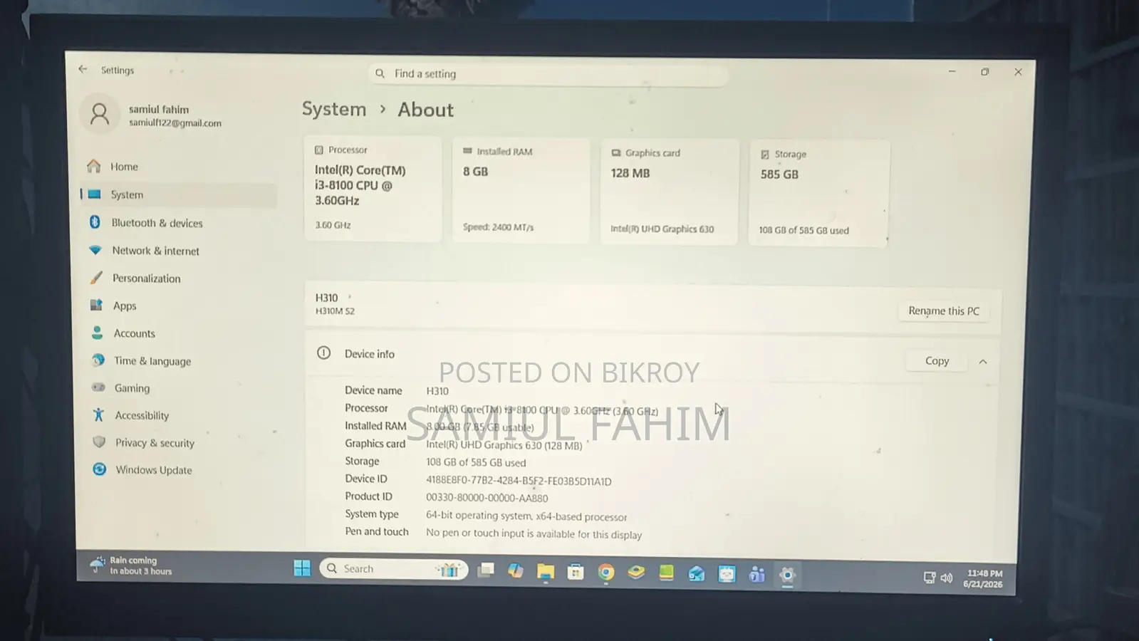 Desktop Computer 8GB Intel Core I3 HDD+SSD 500GB