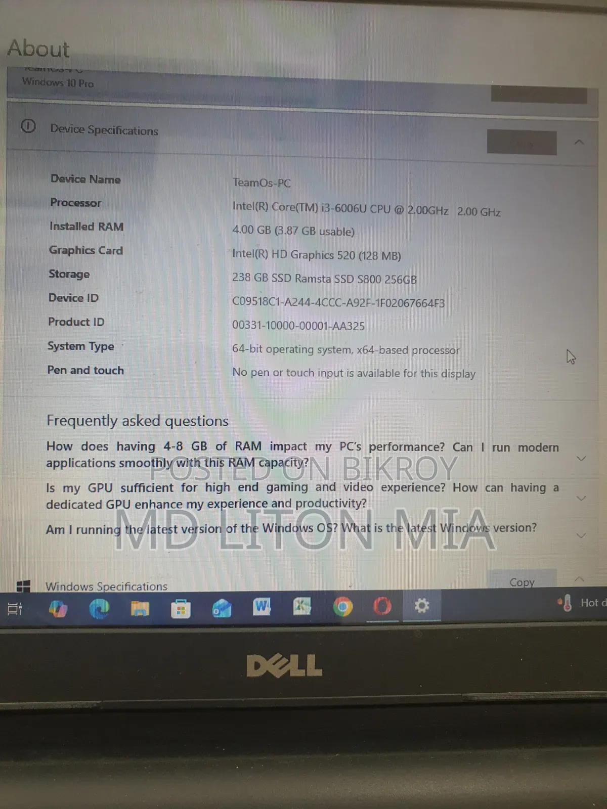 Laptop Dell Inspiron 15 4GB Intel Core I3 SSD 256GB