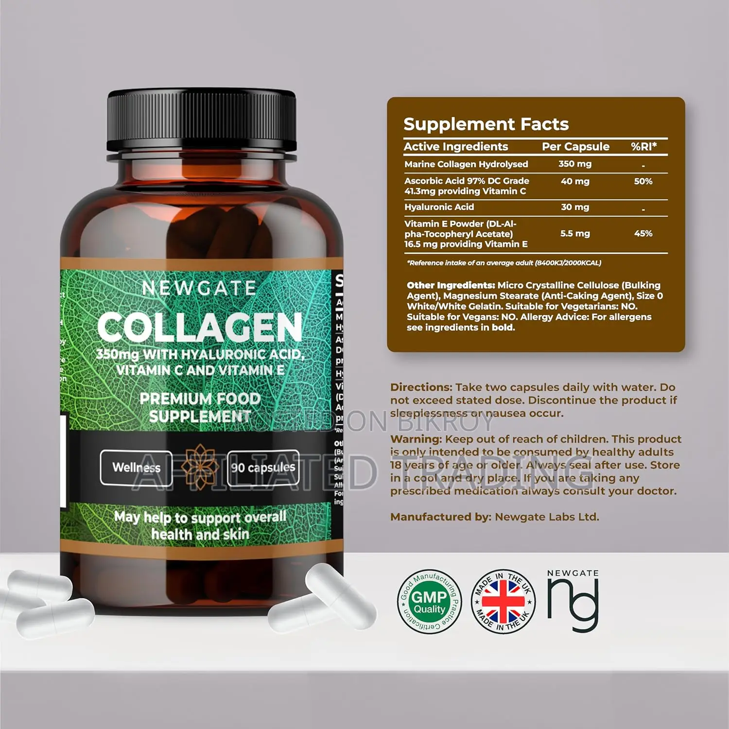Newgate Marine Collagen Hyaluronic Acid Vitamin C E - 120 Capsules - UK