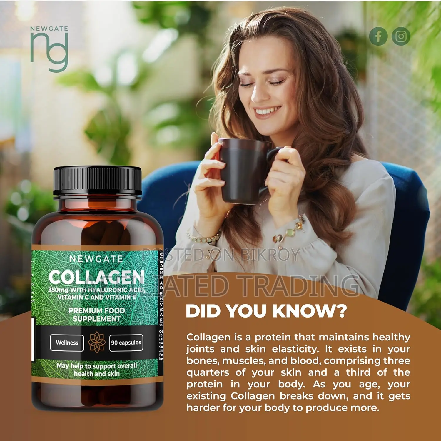 Newgate Marine Collagen Hyaluronic Acid Vitamin C E - 120 Capsules - UK