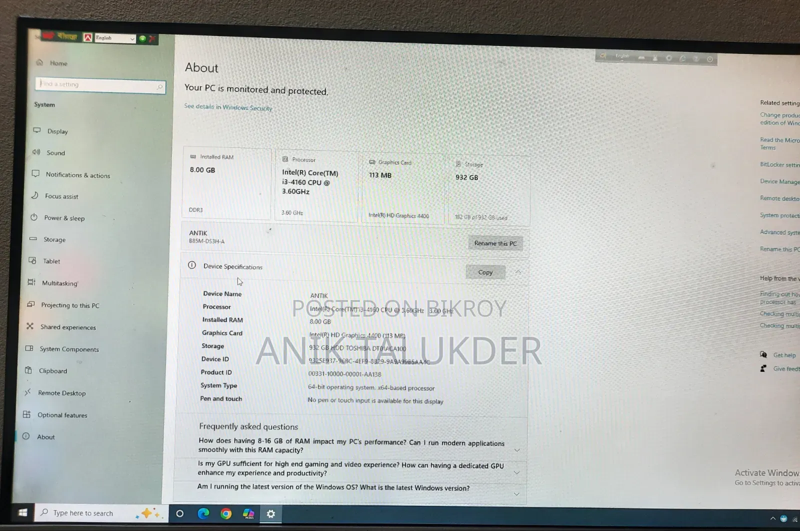 Desktop Computer Gigabyte GB-BRi7H-8550 8GB Intel Core i3 HDD 1TB