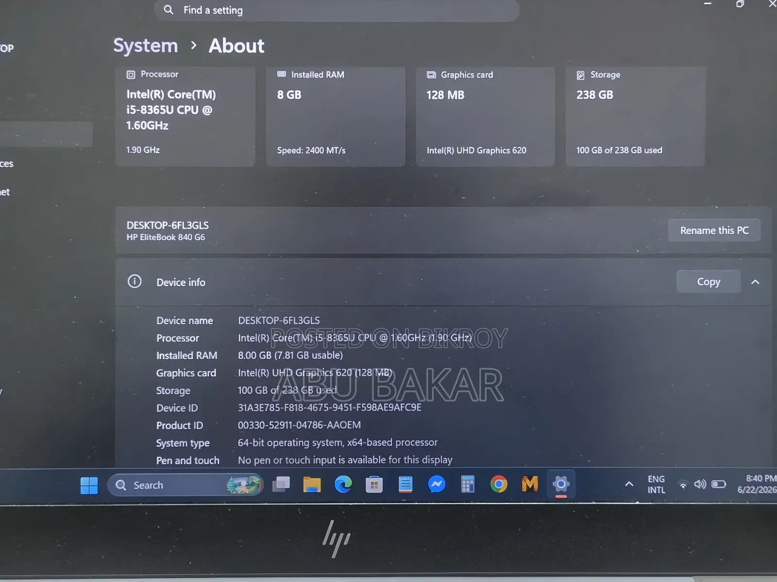 ল্যাপটপ HP EliteBook 840 G6 8GB Intel Core I5 SSD 256GB