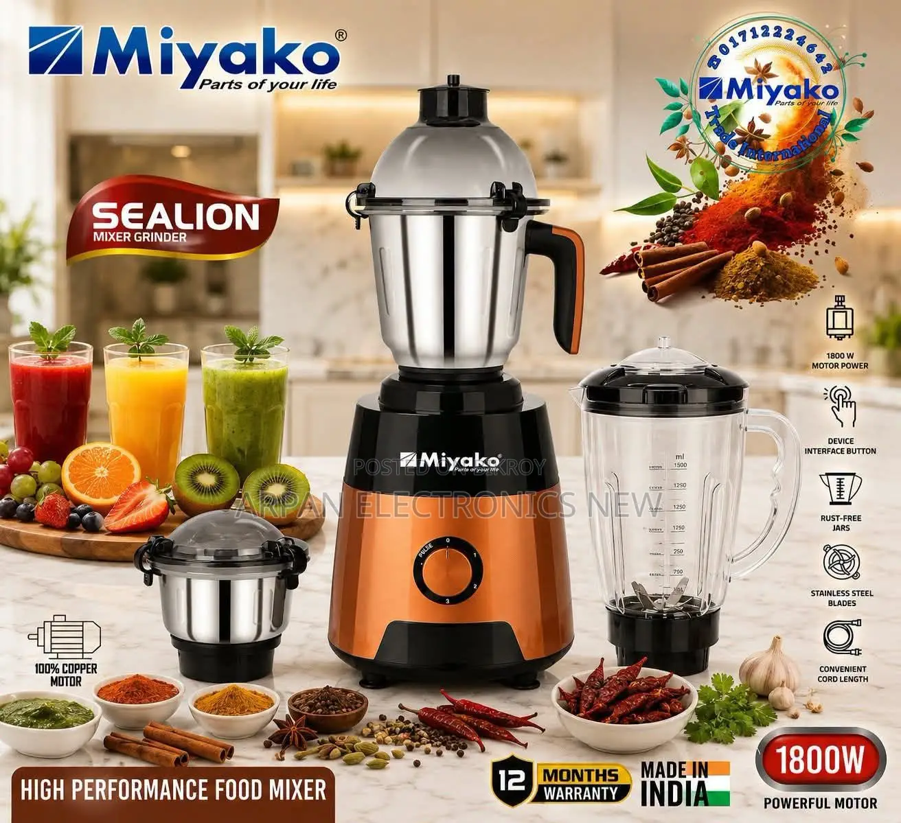 Miyako Bl-Glx18 Robinson 3 in 1 Mixer Grinder - 1800w