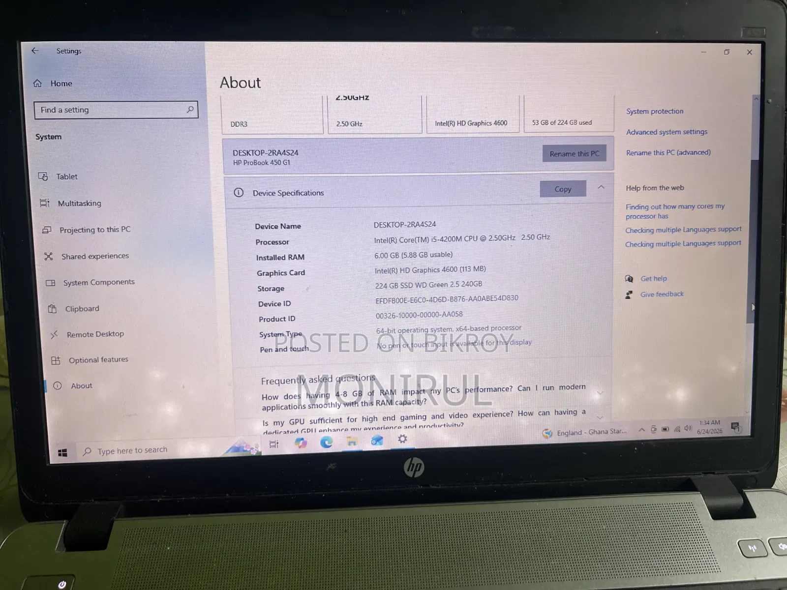 Laptop HP ProBook 450 G1 6GB Intel Core I5 SSD 256GB