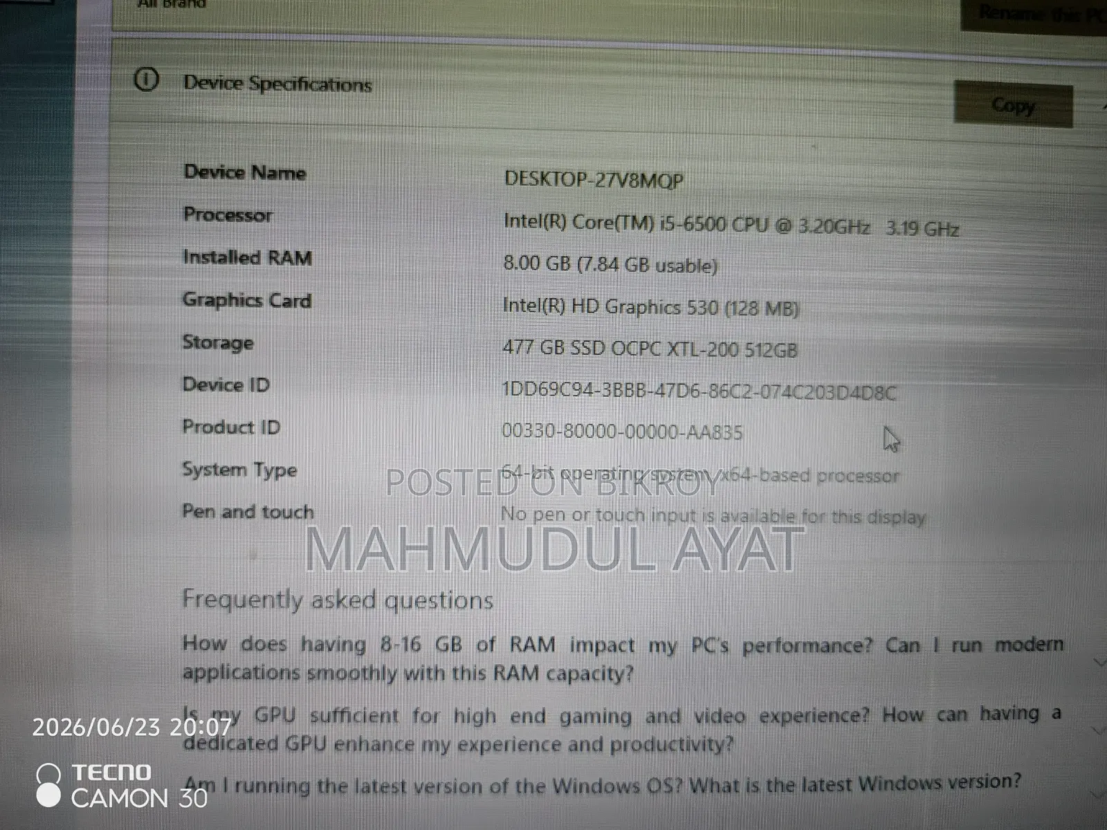 Desktop Computer 8GB Intel SSD 500GB