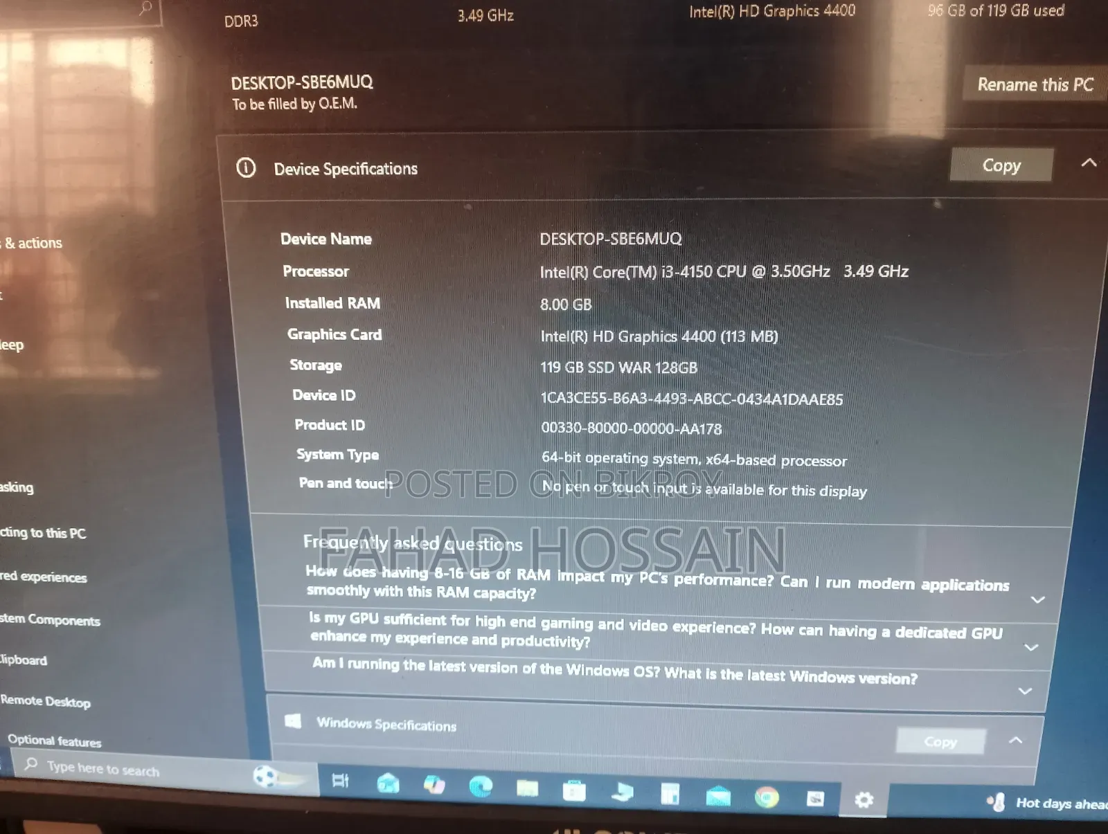 Desktop Computer 8GB Intel Core I3 SSD 128GB