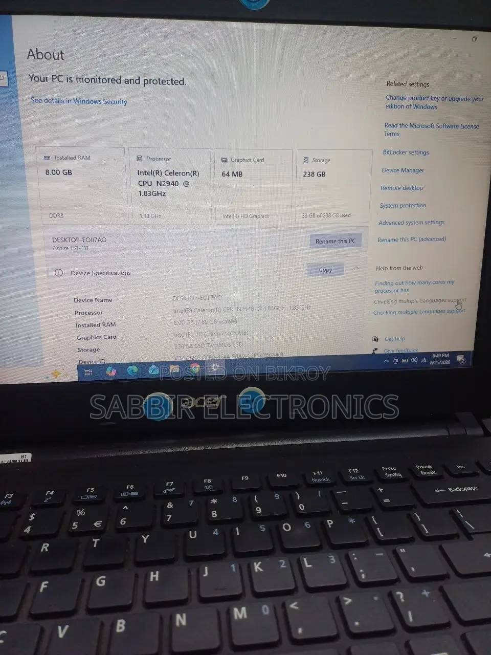 Laptop Acer 8GB Intel Pentium SSD 256GB