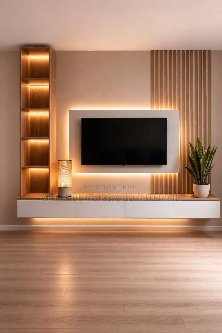 Luminous Wood Panel Tv Wall - 101