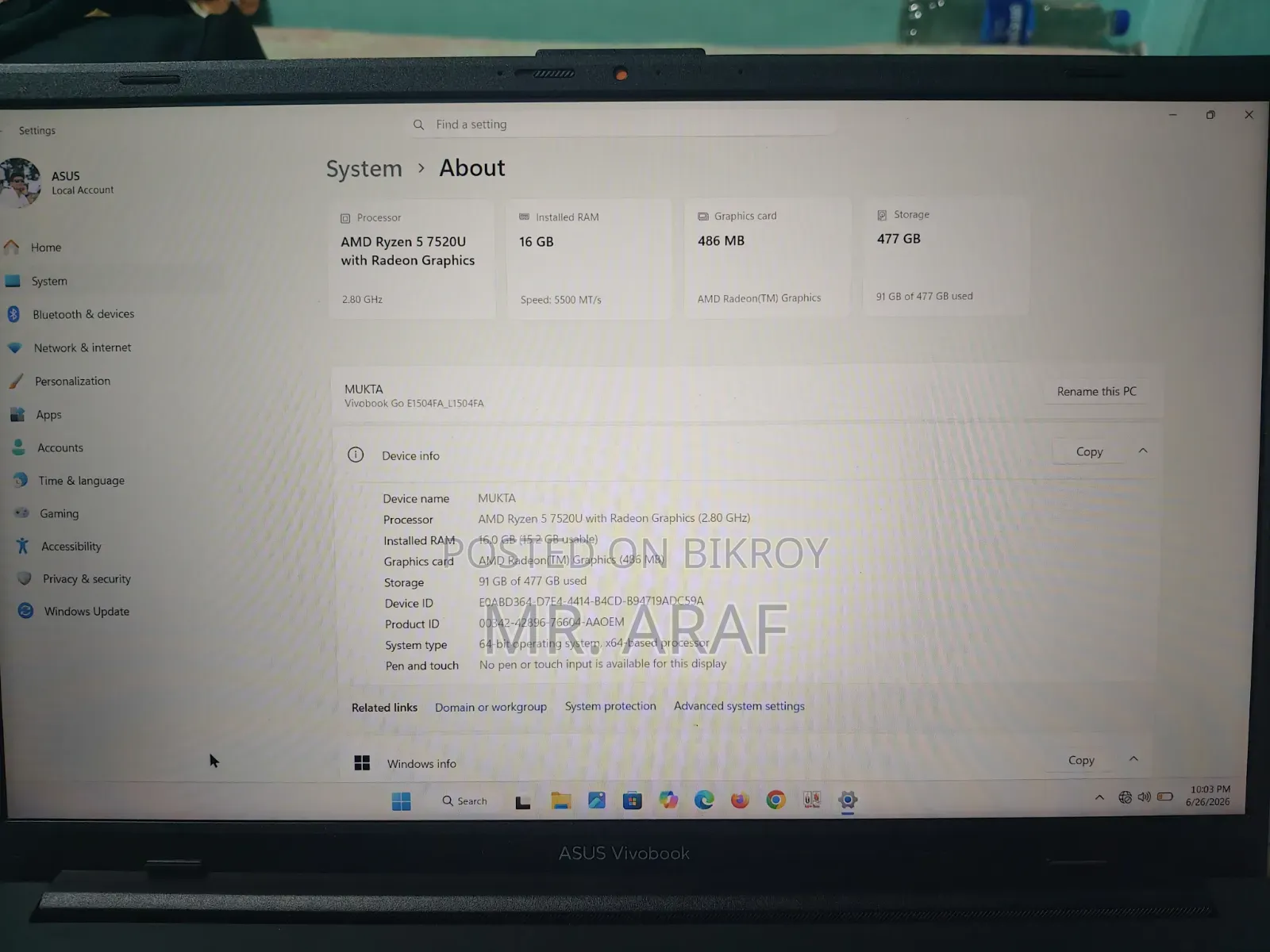 Laptop Asus Vivobook Go 15 16GB AMD Ryzen 5 SSHD (Hybrid) 512GB