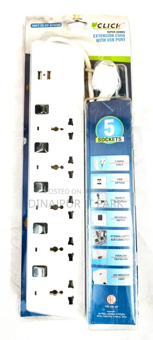 Click 5 Socket Extension Cord With USB Port – 3 Yards Power Strip (1)