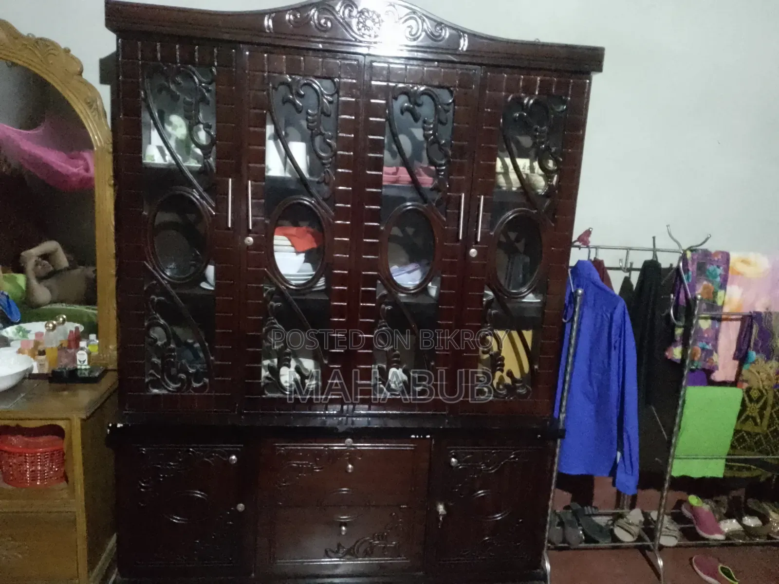 Semi-box bed and wall showcase for sale
