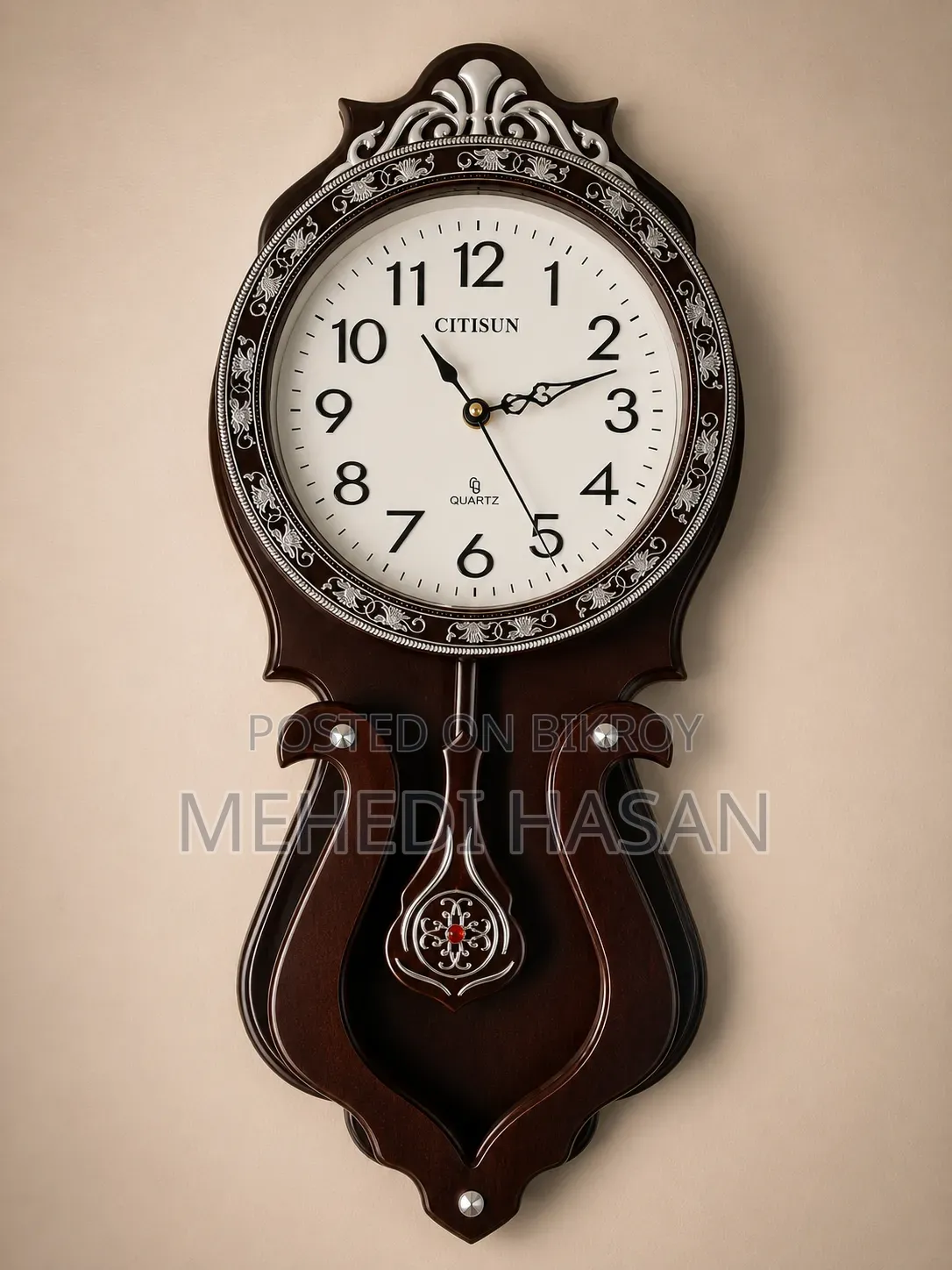 Elegant Wooden Pendulum Wall Clock With Accurate Quartz Movement.