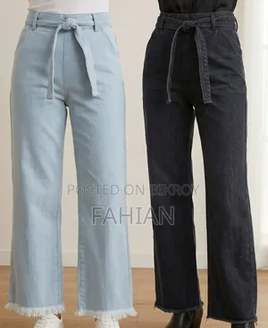 High-Waist Fringed Denim Jeans in Ice Blue Dark Charcoal