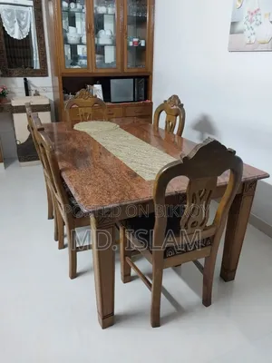 Dining Table (Without Stone) + 6 Chairs of Teak Wood