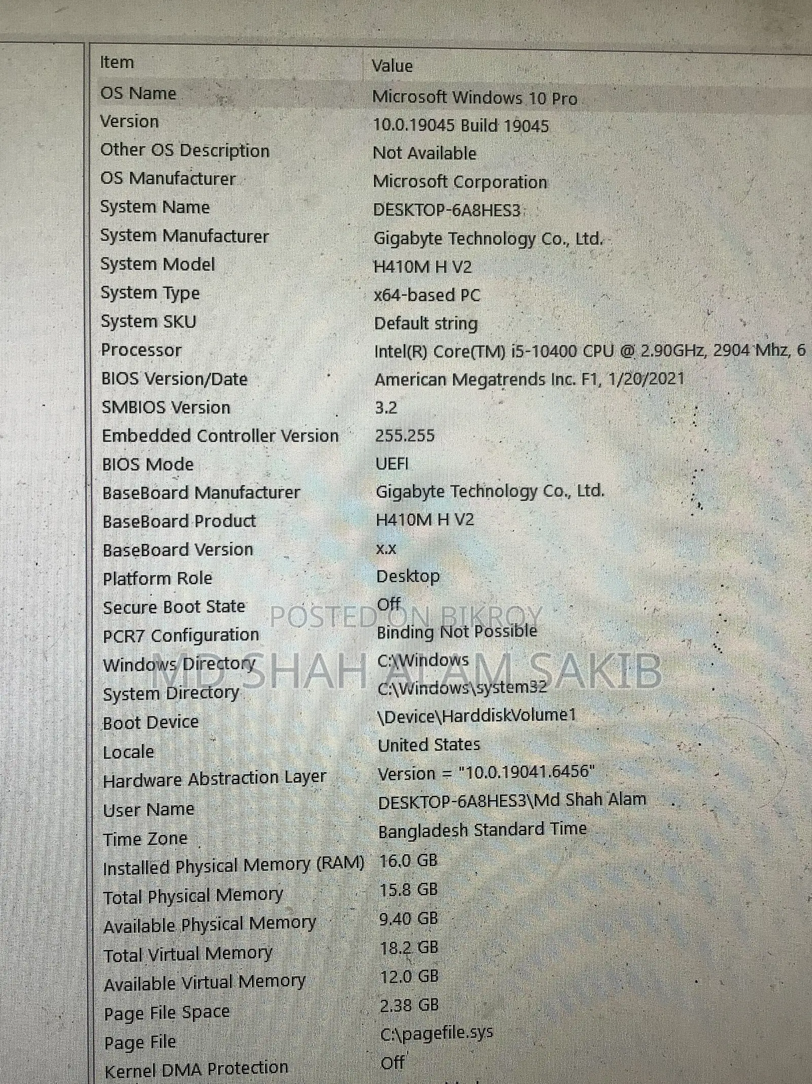 Desktop Computer Gigabyte 16GB Intel Core I5 HDD+SSD 1T