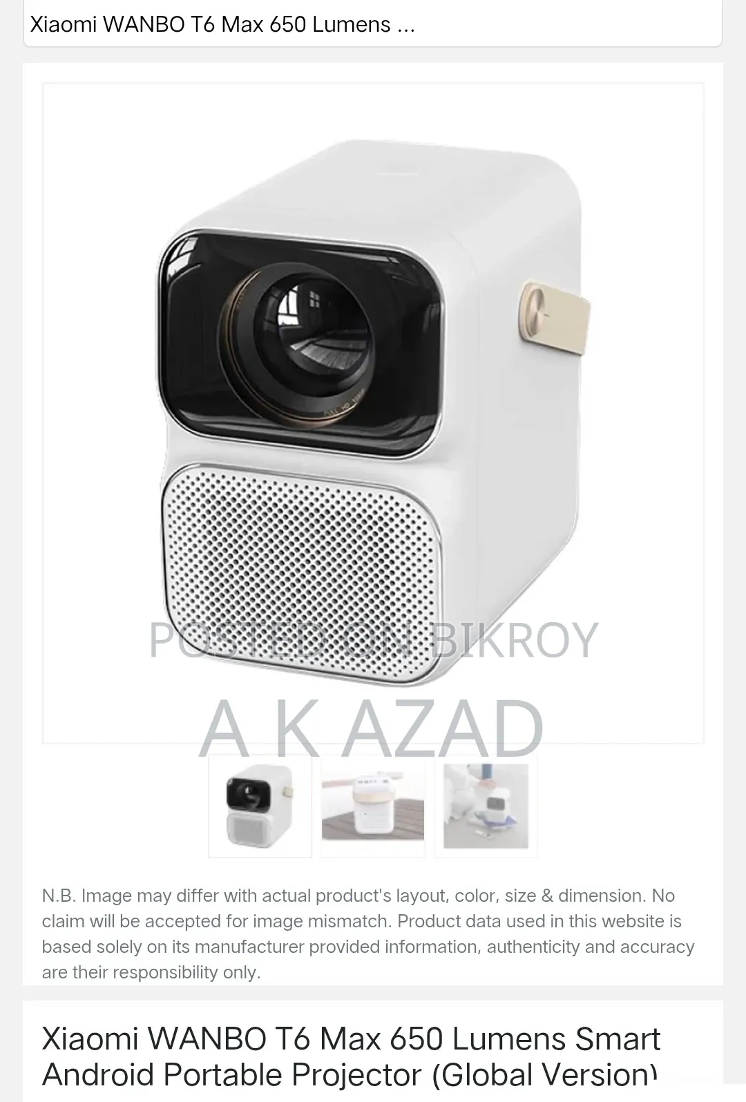 Xiaomi Wanbo T6 Max 650 Lumens Smart Android Portable Led Projector