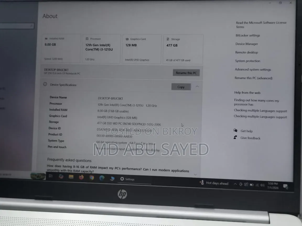 Laptop HP 250 G8 8GB Intel Core I3 SSD 512GB