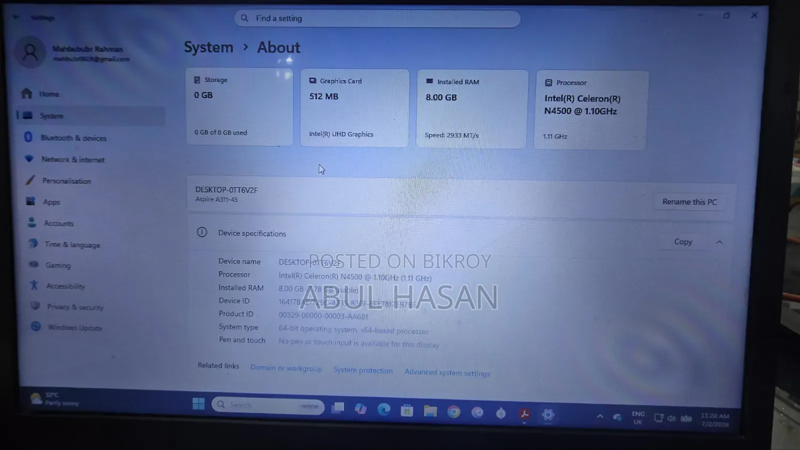 Laptop Acer Aspire 4745 8GB Intel Celeron SSD 512GB