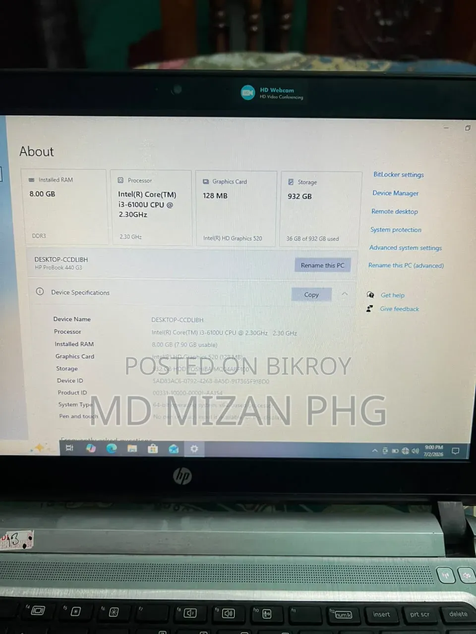 Laptop HP ProBook 440 G3 8GB Intel Core I3 SSD 256GB