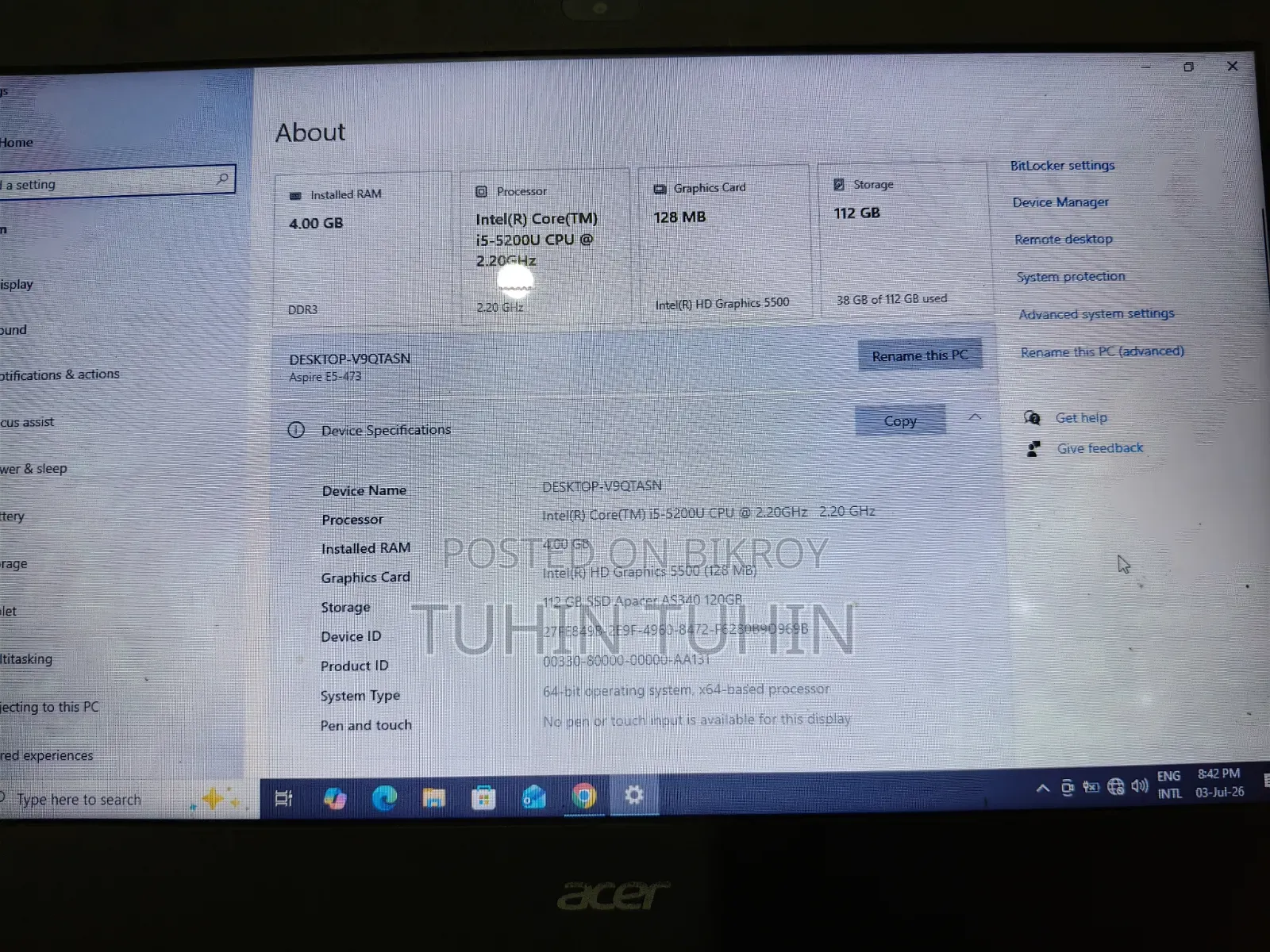 Laptop Acer Aspire E 4GB Intel Core I5 SSD 128GB