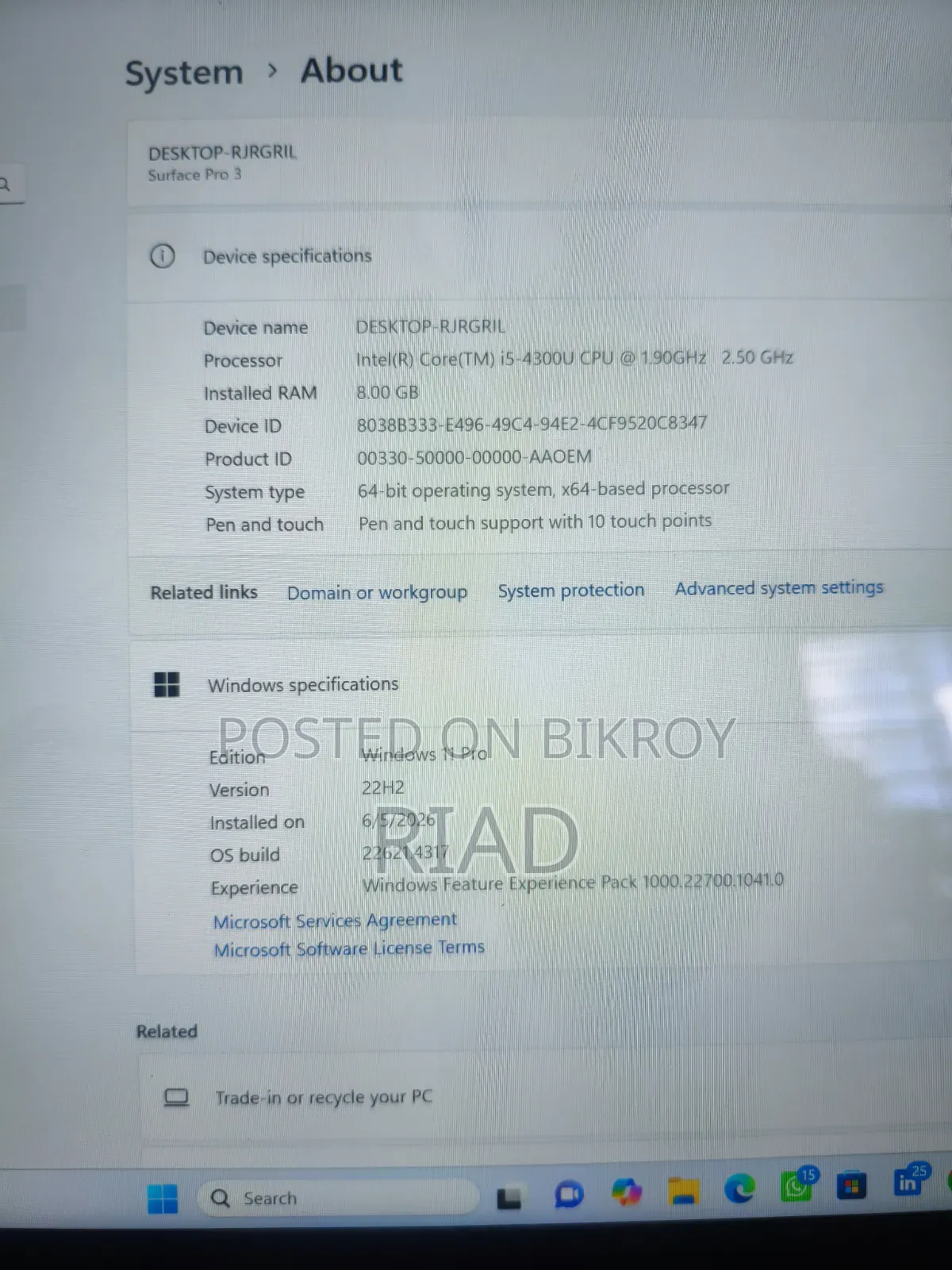 Laptop Microsoft Surface Pro 3 8GB Intel Core I5 SSD 500GB