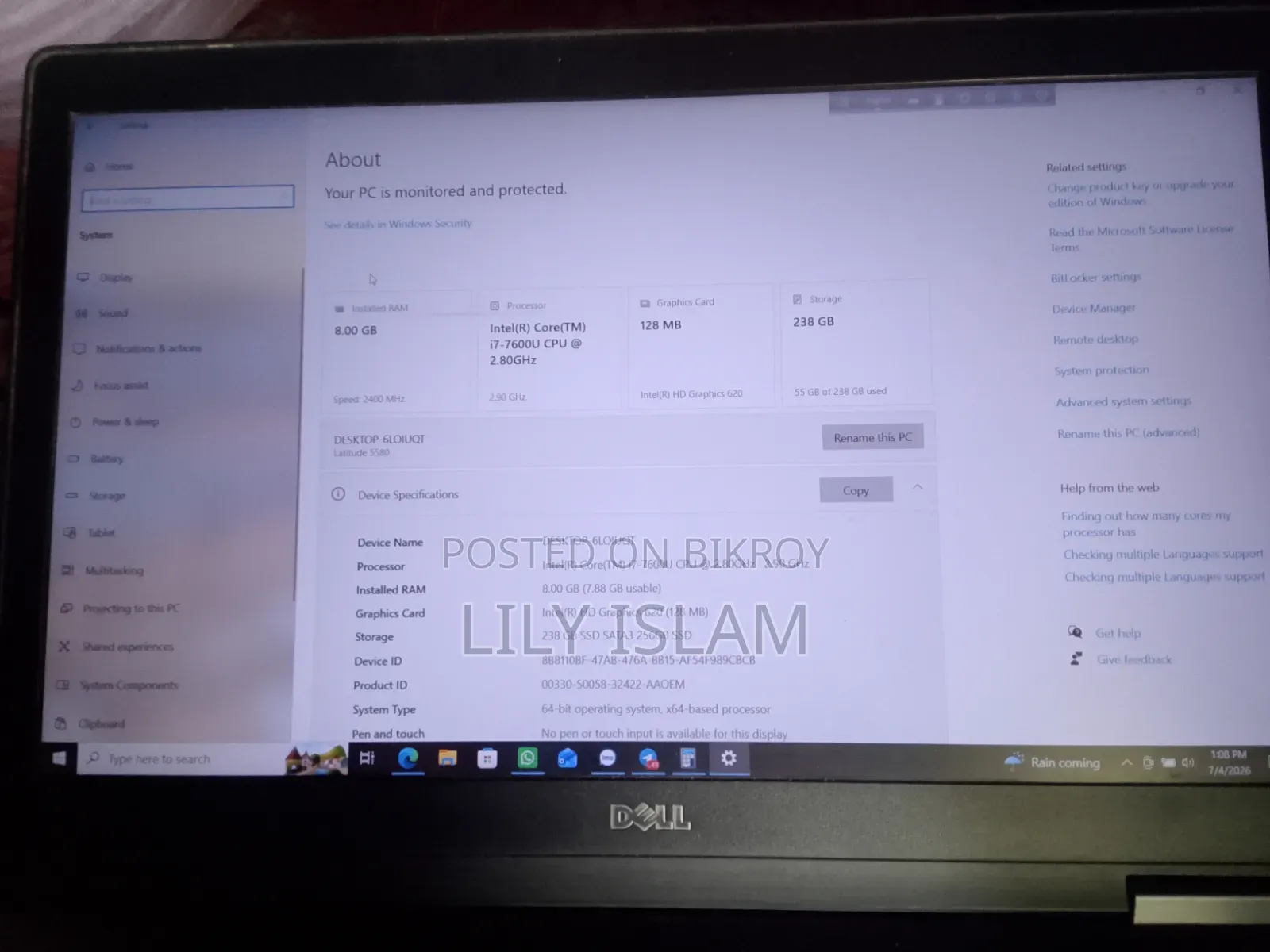 Laptop Dell Latitude 5580 8GB Intel Core I7 SSD 256GB