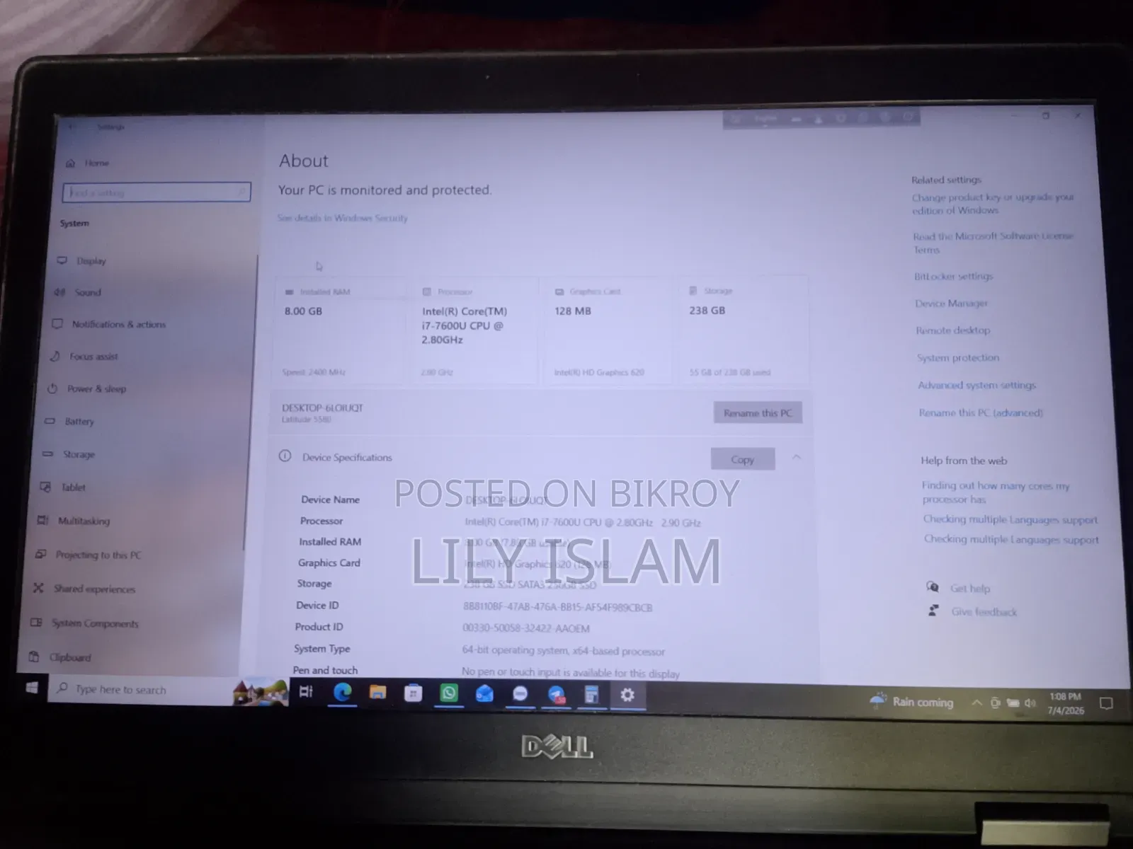 Laptop Dell Latitude 5580 8GB Intel Core I7 SSD 256GB