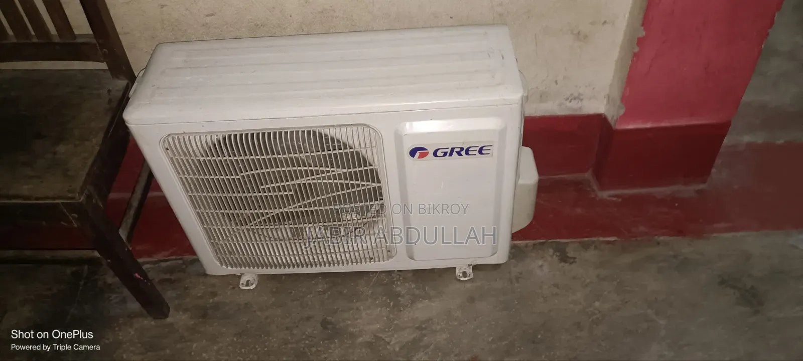 AC is running, includes indoor unit, outdoor unit, display, remote, and pipes