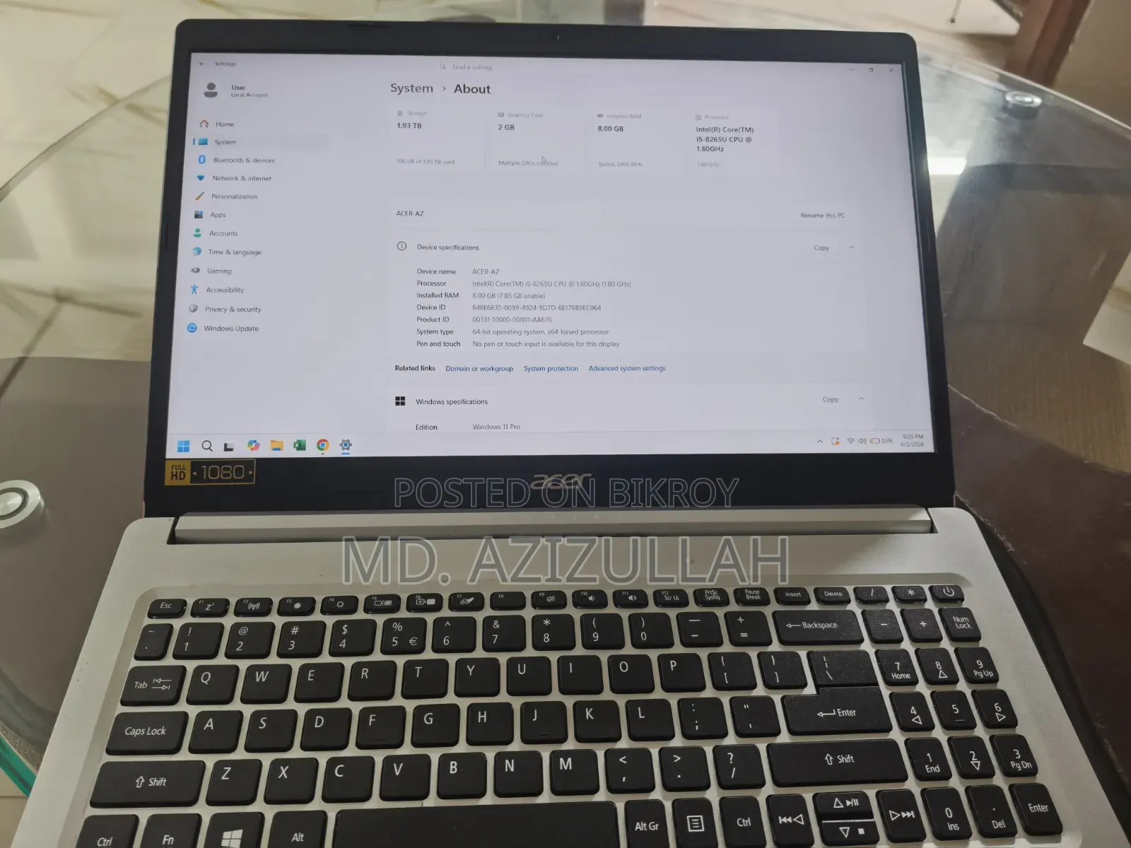 ল্যাপটপ Acer Aspire 5 ৮জিবি ইন্টেল কোর আই৫ এসএসডি ২ টেরাবাইট