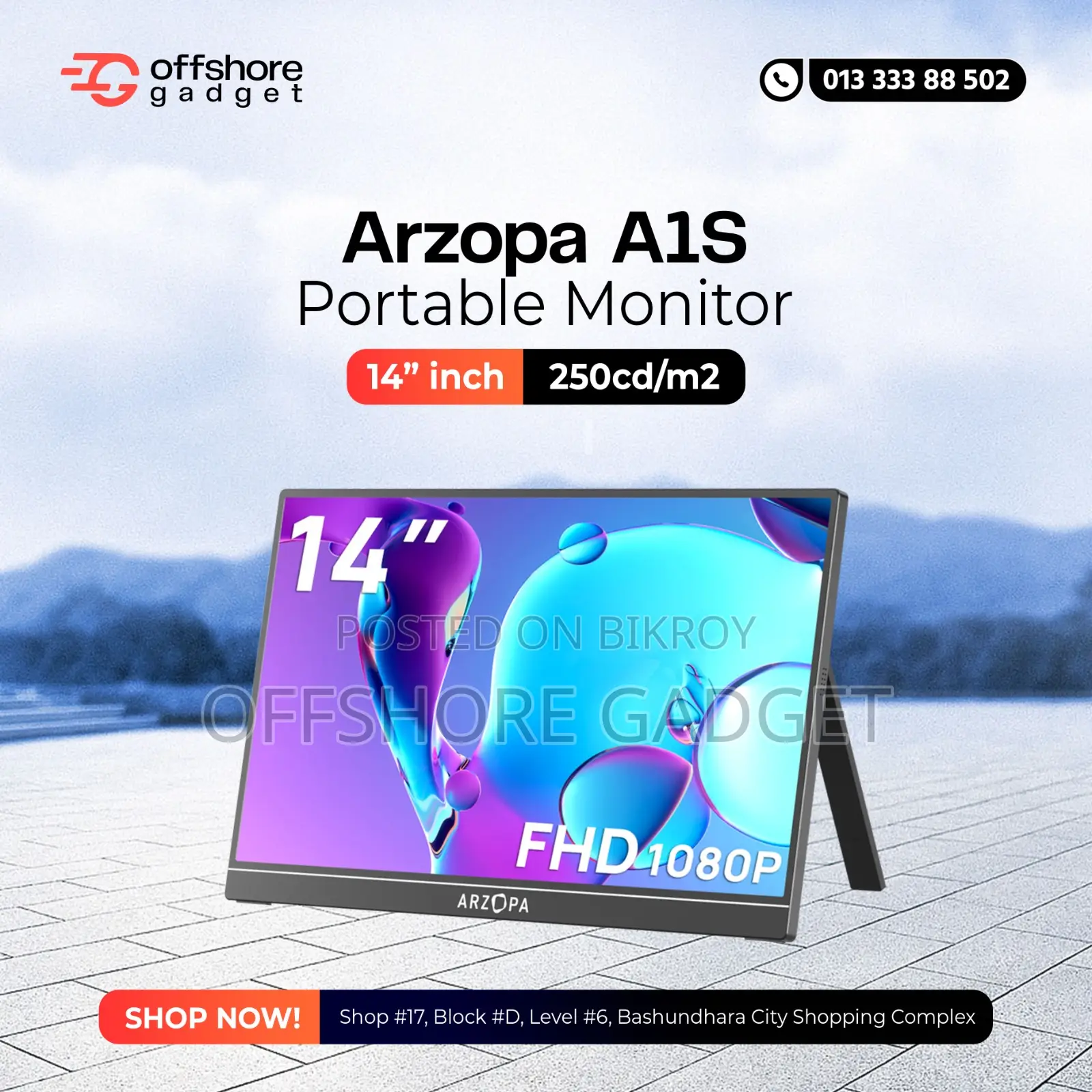 Arzopa A1s Portable Monitor Kickstand, 14.0 inch 1080p