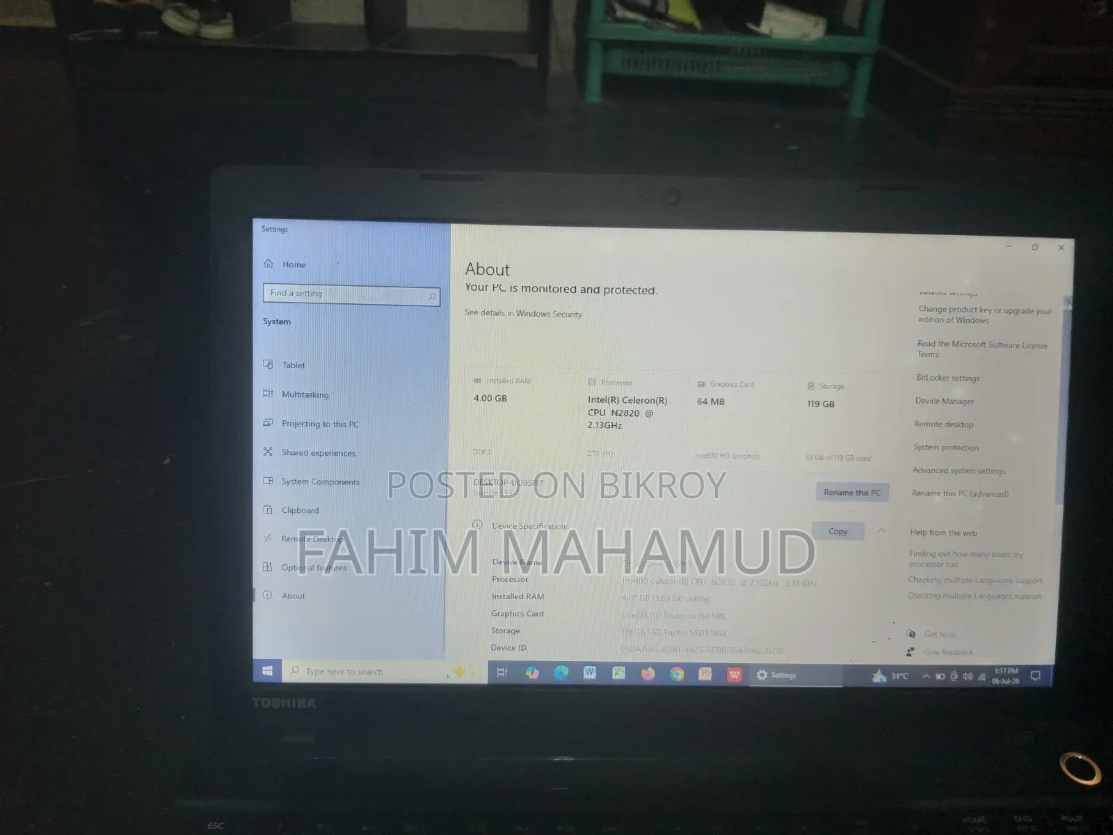 Laptop Toshiba Satellite C50A 4GB Intel Celeron SSD 128GB