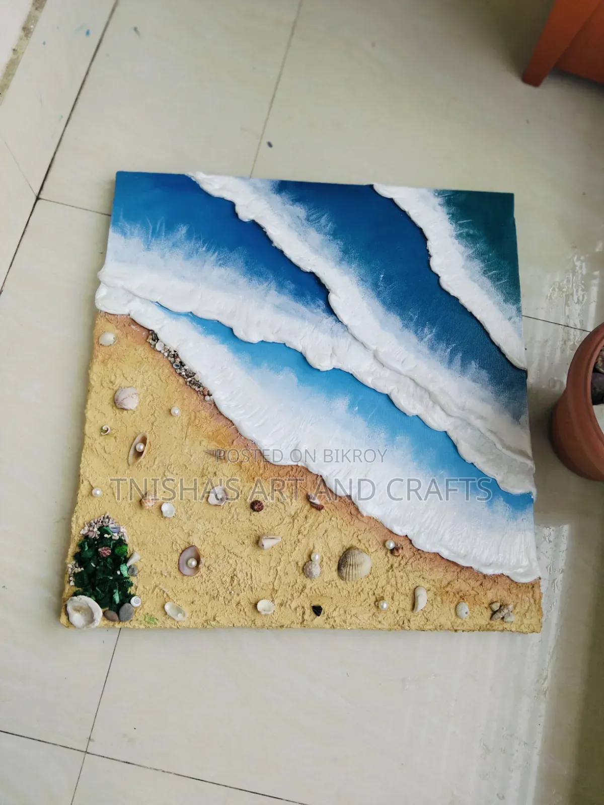 Handcrafted 3D Texture Sea Beach Painting With Real Shells