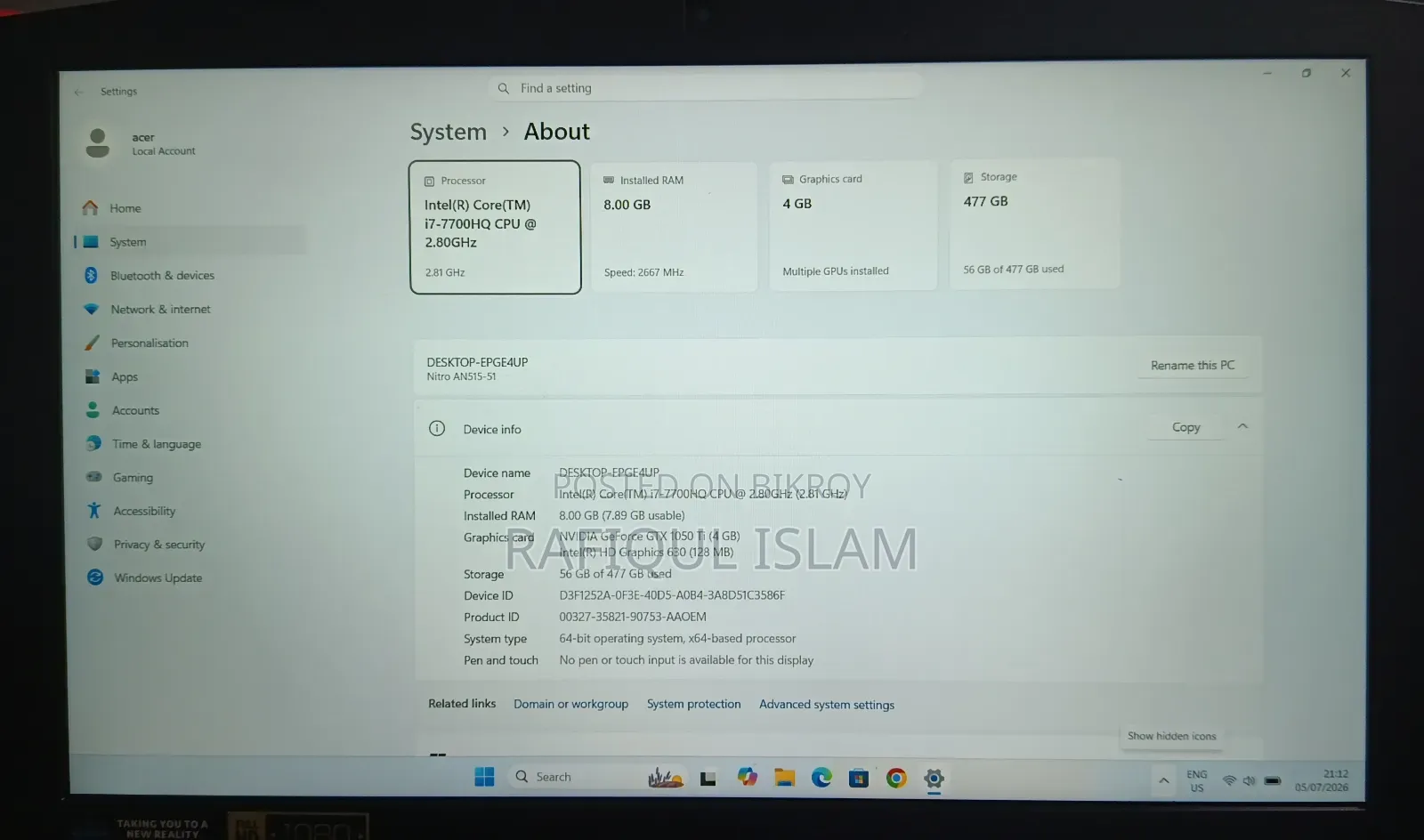 ল্যাপটপ Acer Nitro 5 8GB Intel Core i7 SSD 512GB