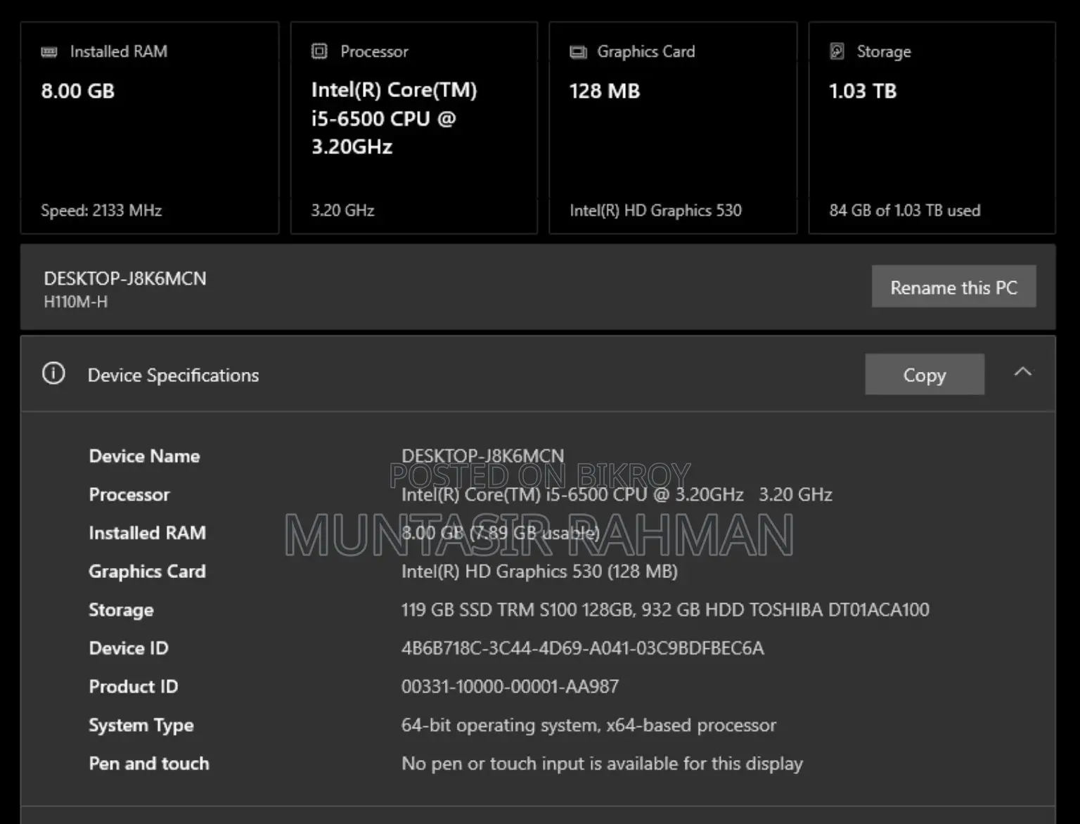 Gigabyte GA-H110MSTX-HD3-ZK 8GB Intel Core I5 SSHD+SSD 256GB