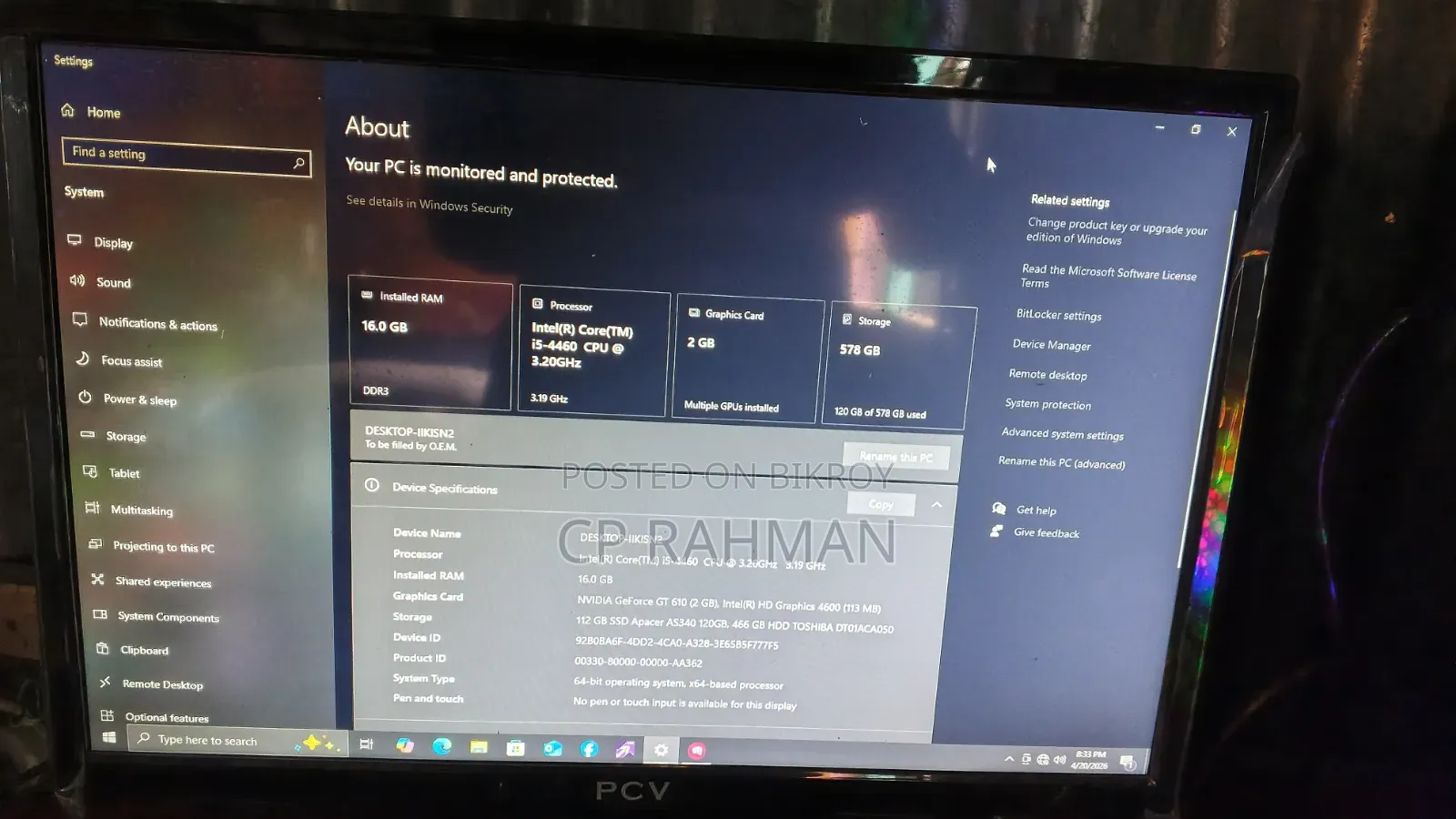 Only I5 4th Gen + Esonic H81 + 16GB RAM + GT610 GPU Combo