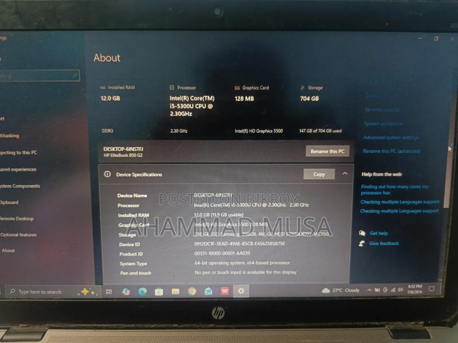 Laptop HP EliteBook 850 12GB Intel Core I5 HDD+SSD 700GB