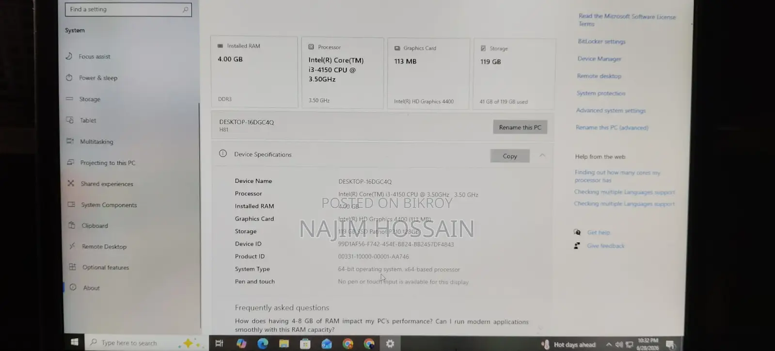 Desktop Computer 4GB Intel Core I3 SSD 128GB