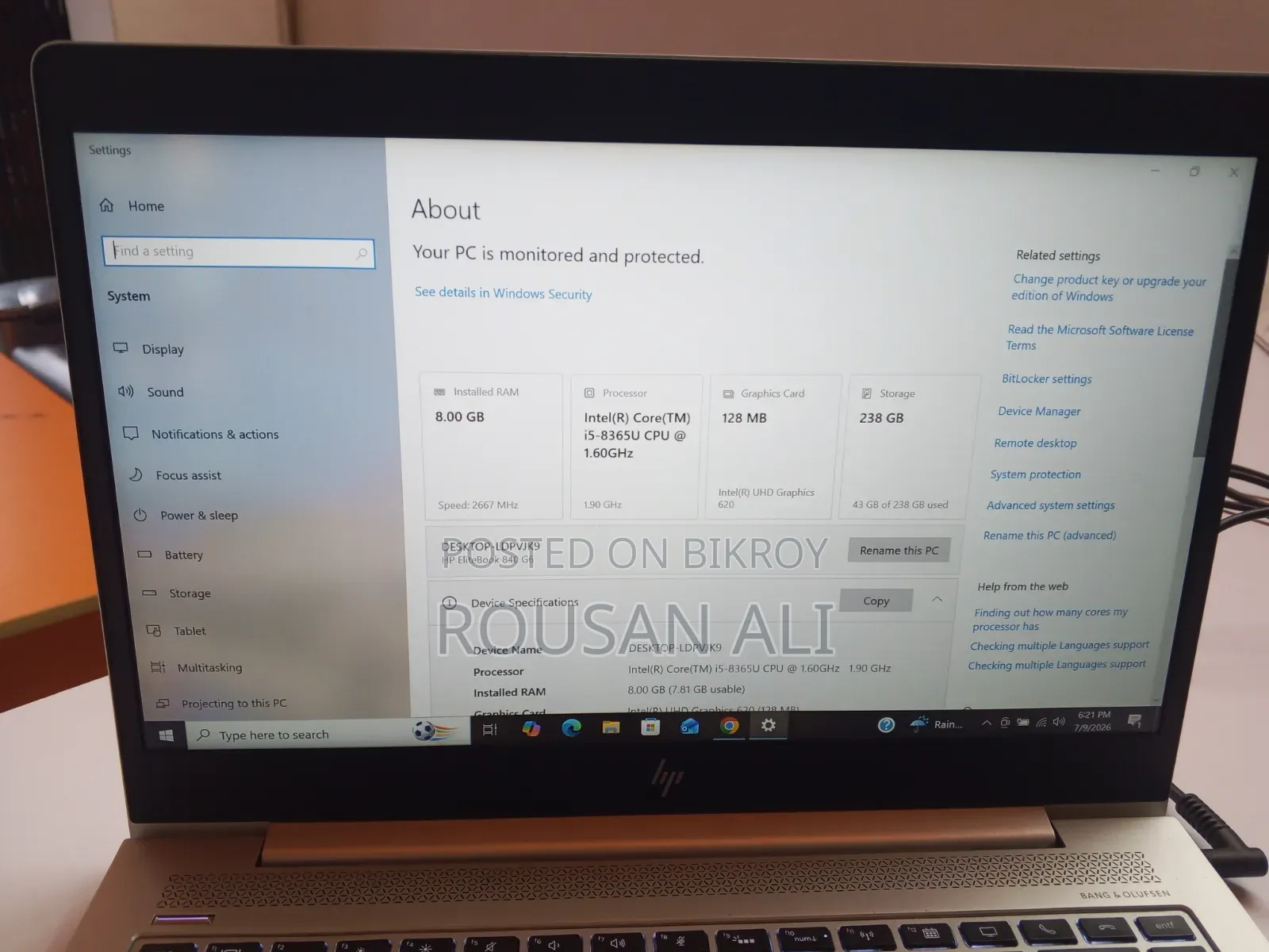 Laptop HP EliteBook 840 G6 8GB Intel Core I5 SSD 256GB