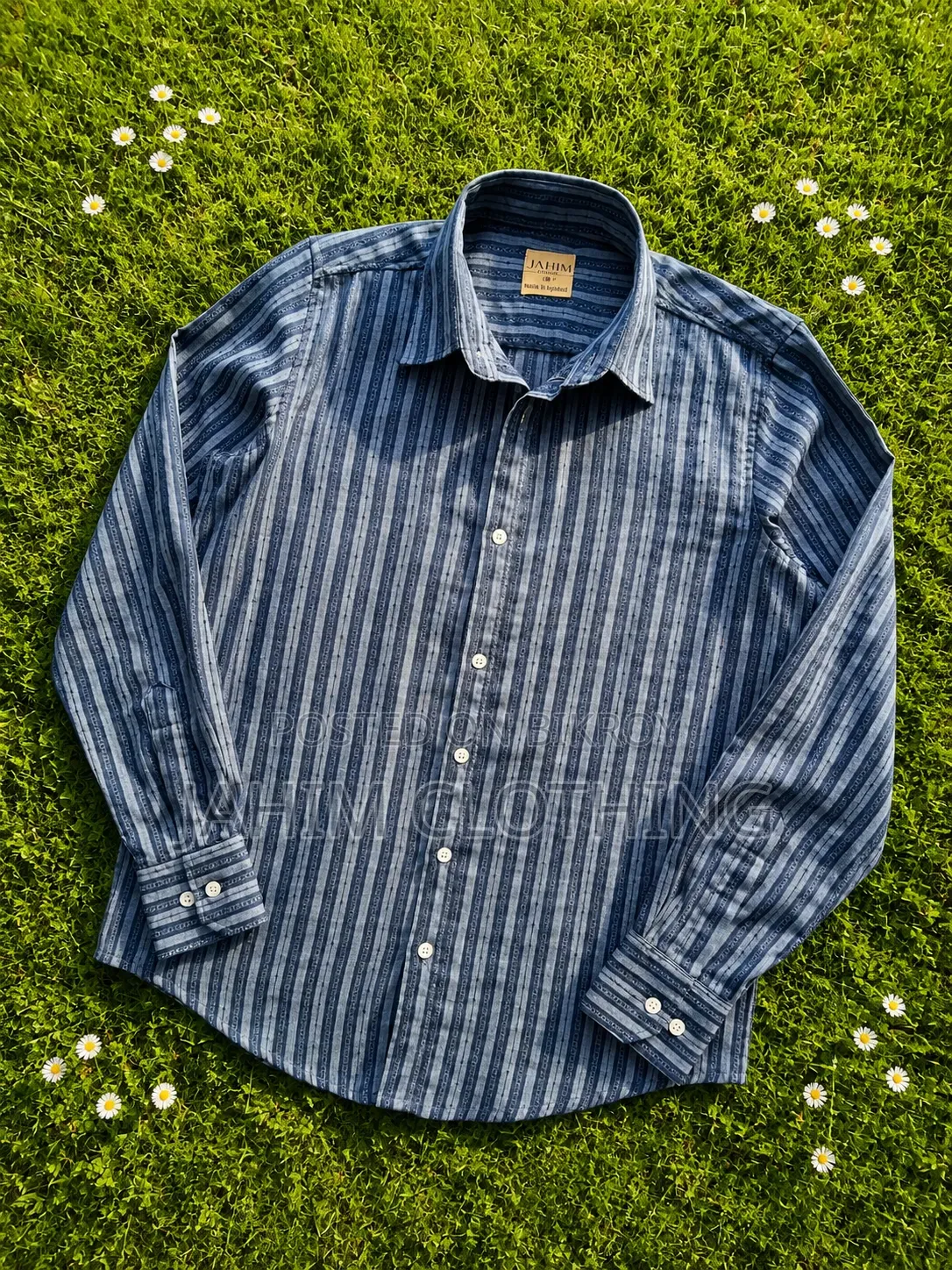 Premium Indigo Blue Vertical Dobby Striped Casual Shirt.