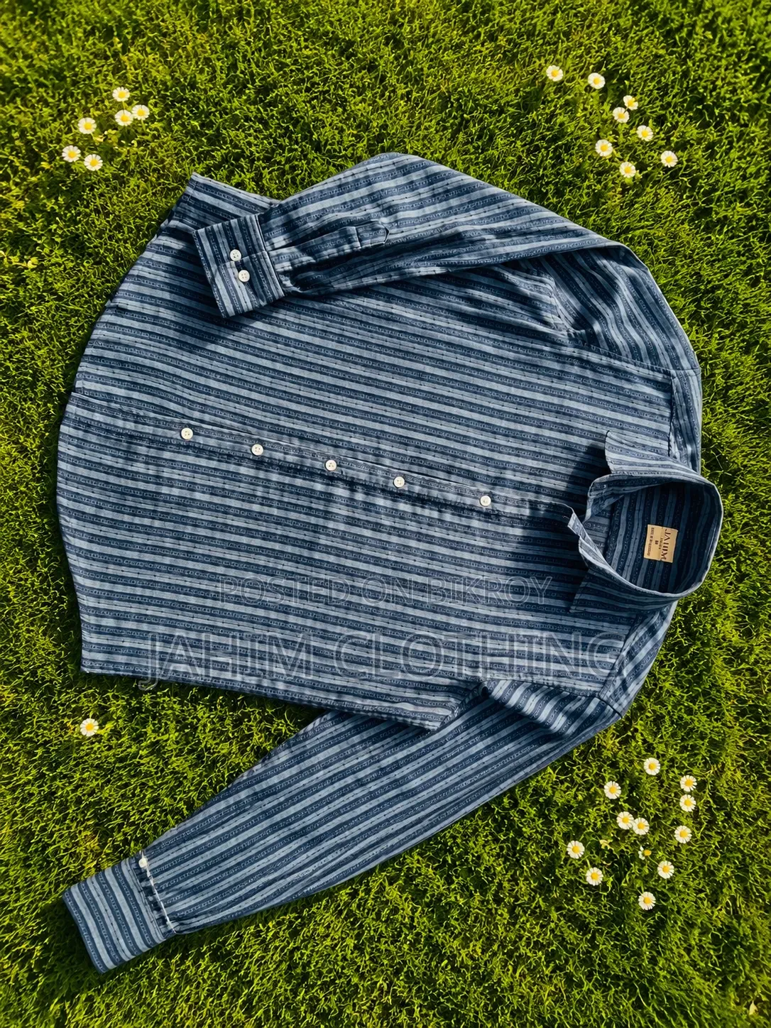 Premium Indigo Blue Vertical Dobby Striped Casual Shirt.