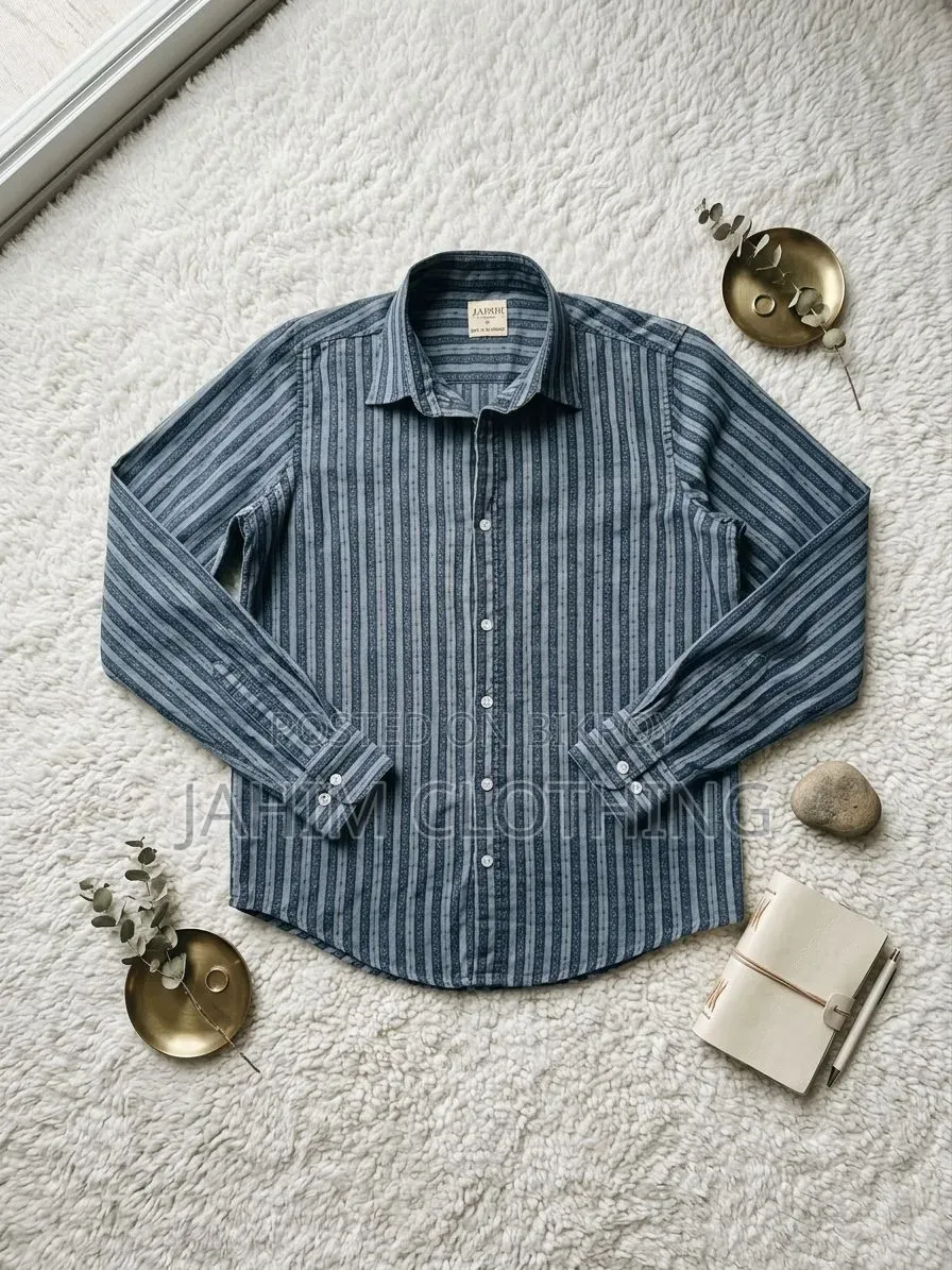 Premium Indigo Blue Vertical Dobby Striped Casual Shirt.
