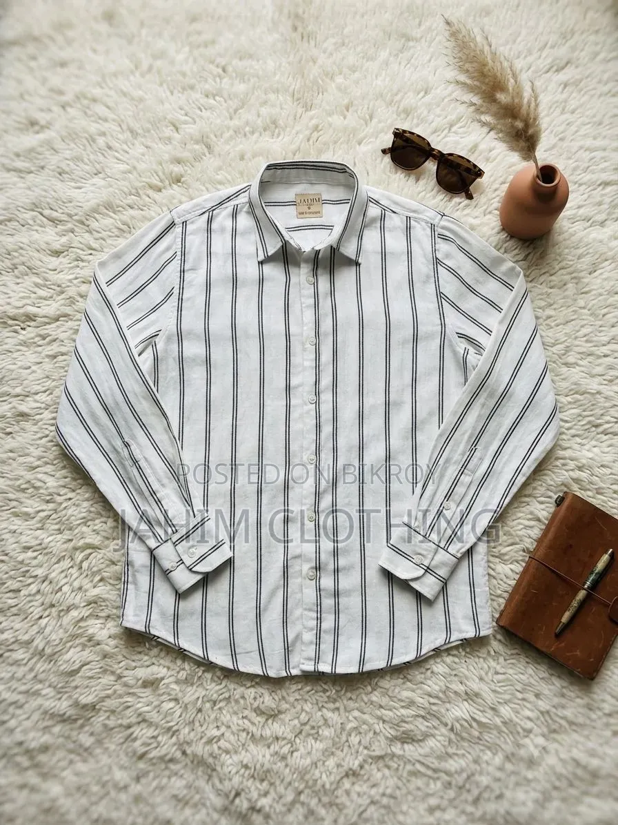 Premium White Cotton Herringbone Vertical Striped Casual Shirt.