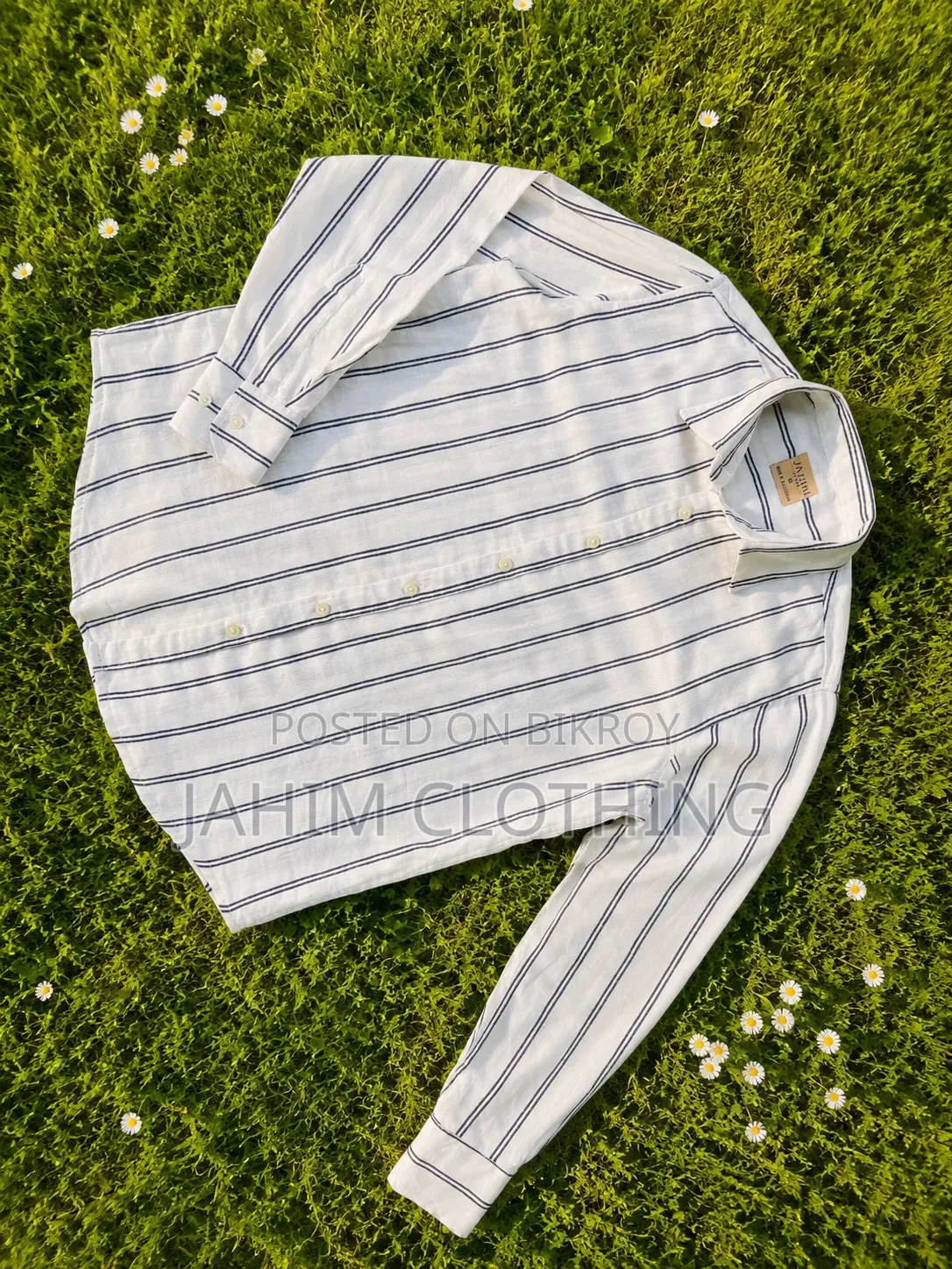 Premium White Cotton Herringbone Vertical Striped Casual Shirt.