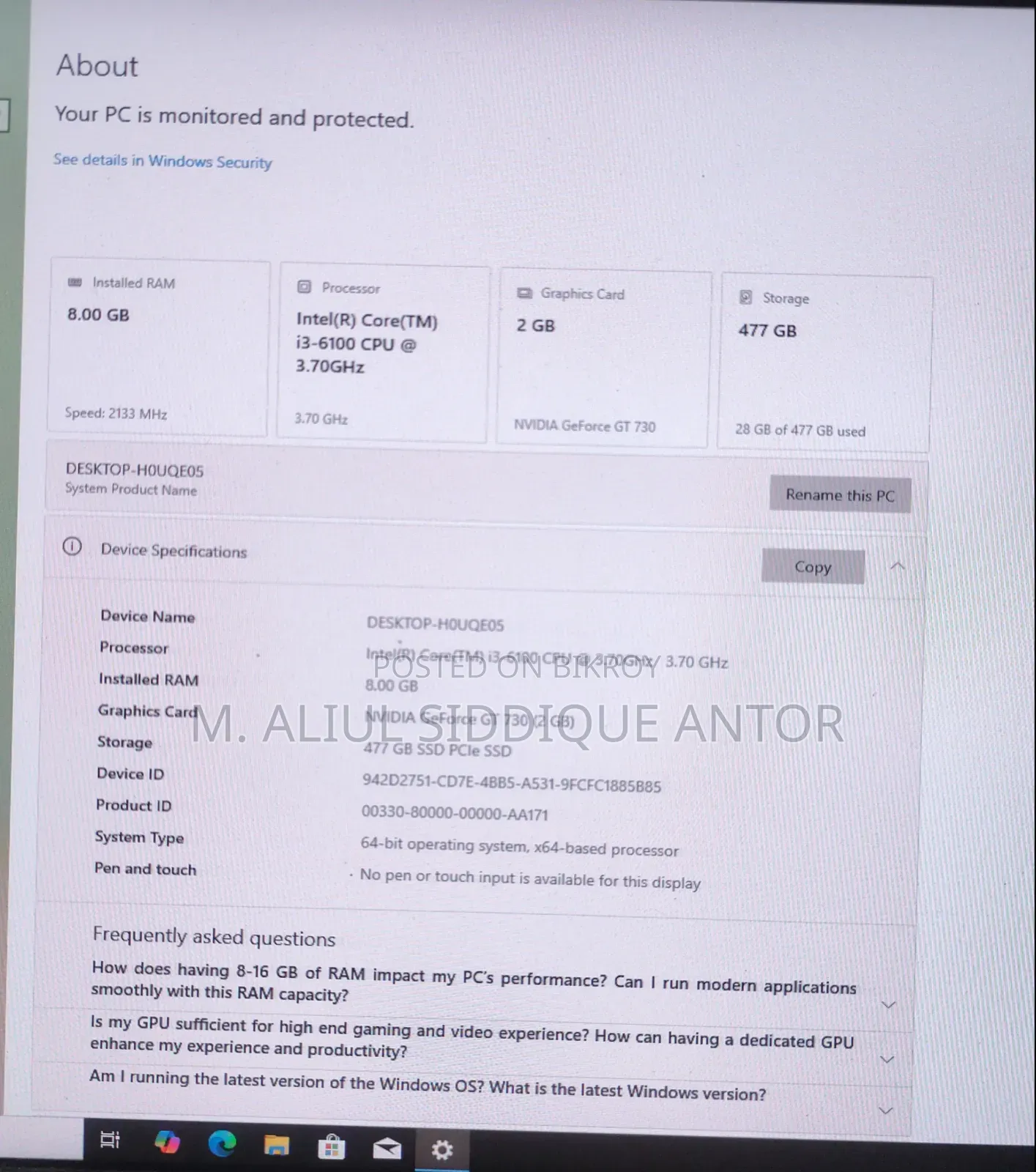 Desktop Computer 8GB Intel Core I3 SSD 512GB